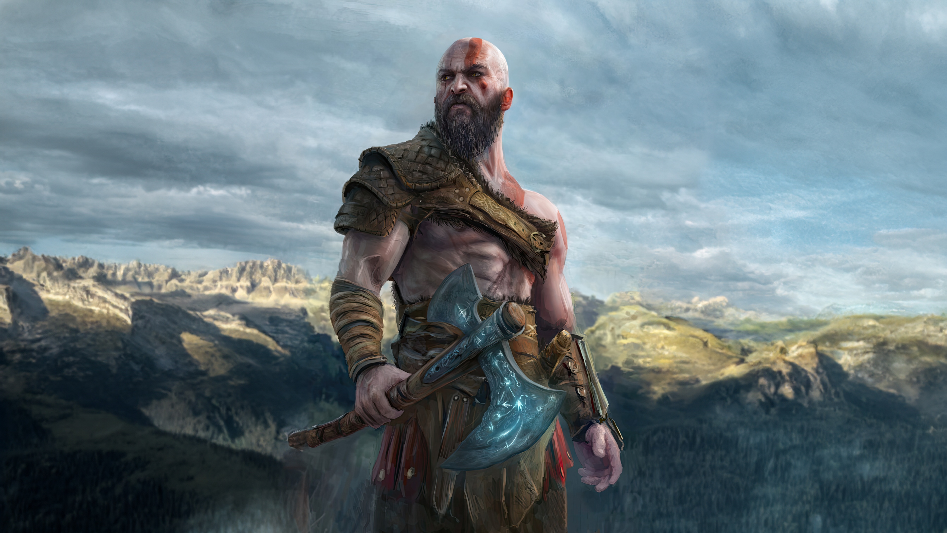 Kratos with Leviathan Axe in Mountains HD Wallpaper