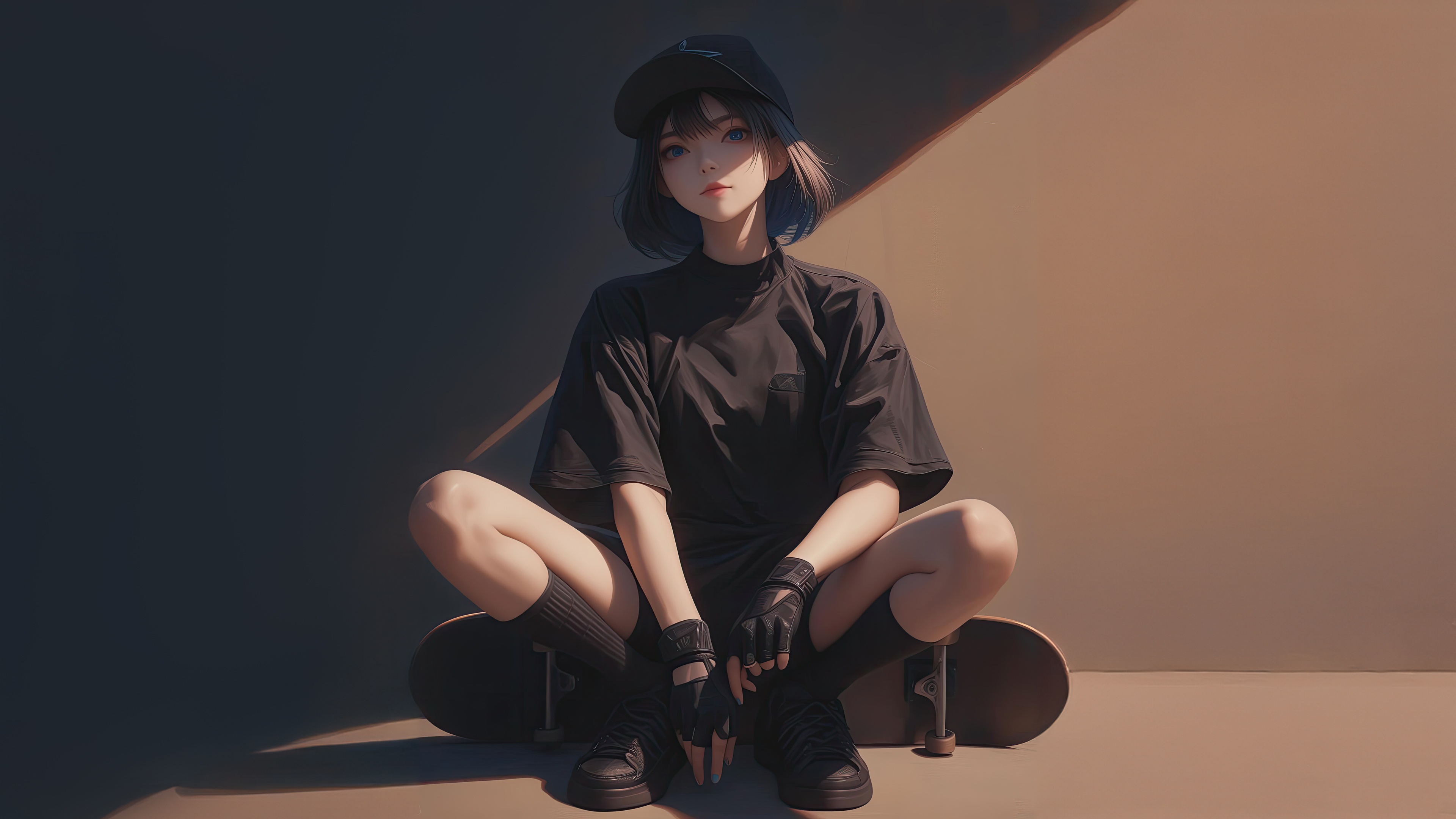 Anime girl with blue hair and black cap on skateboard HD Wallpaper