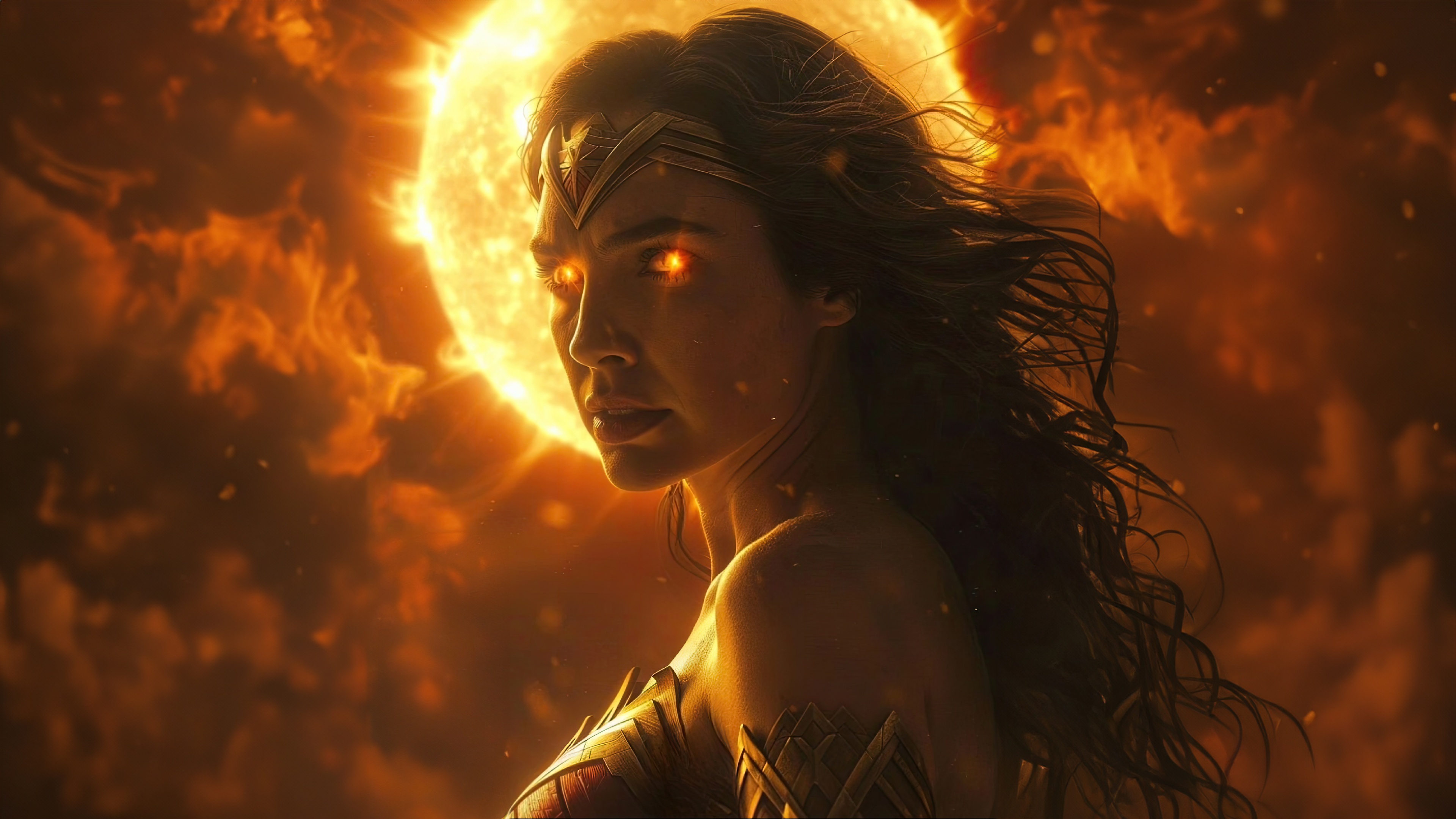 Wonder Woman with glowing eyes and sun HD Wallpaper