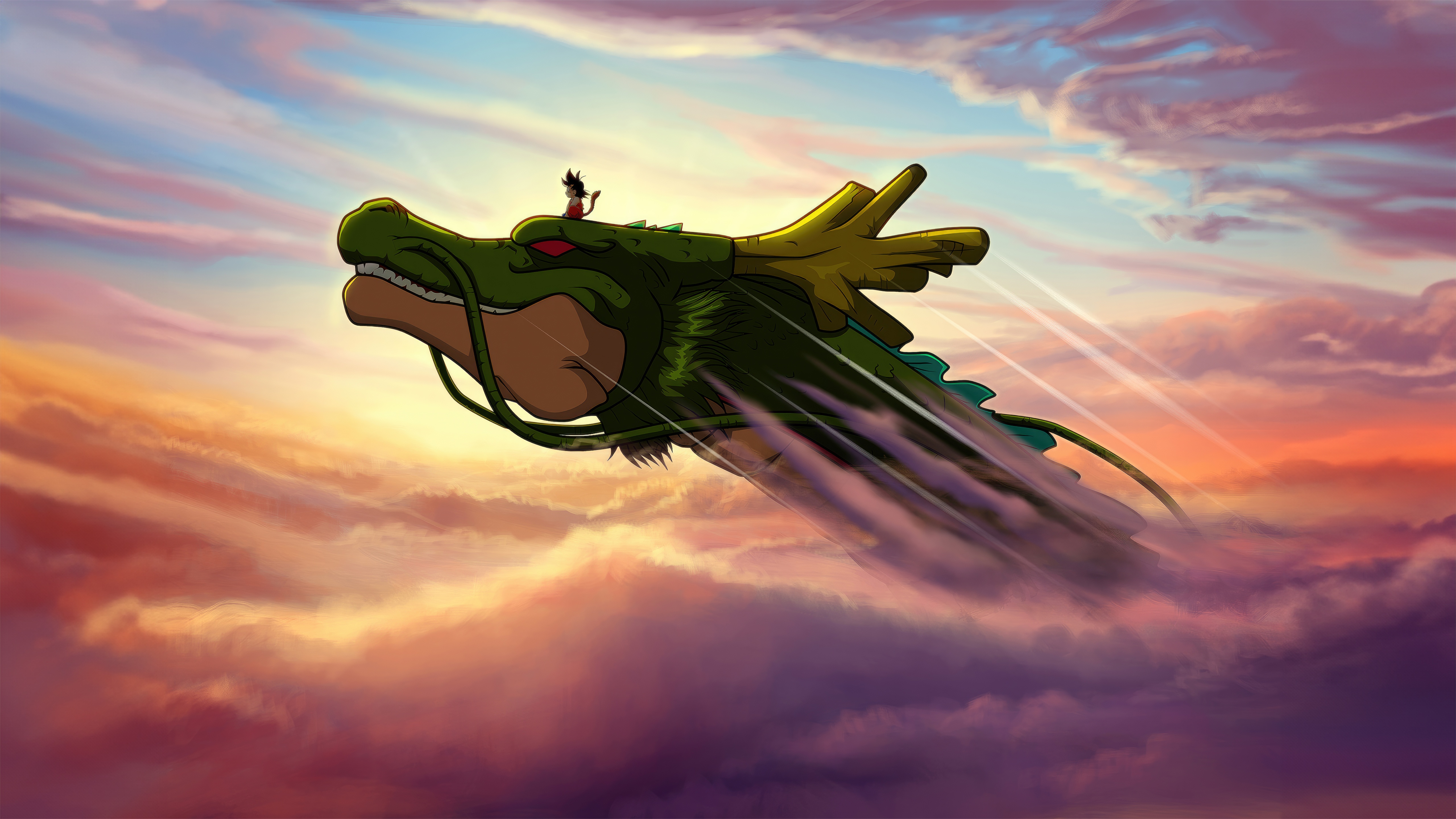 Goku rides Shenron through the clouds HD Wallpaper