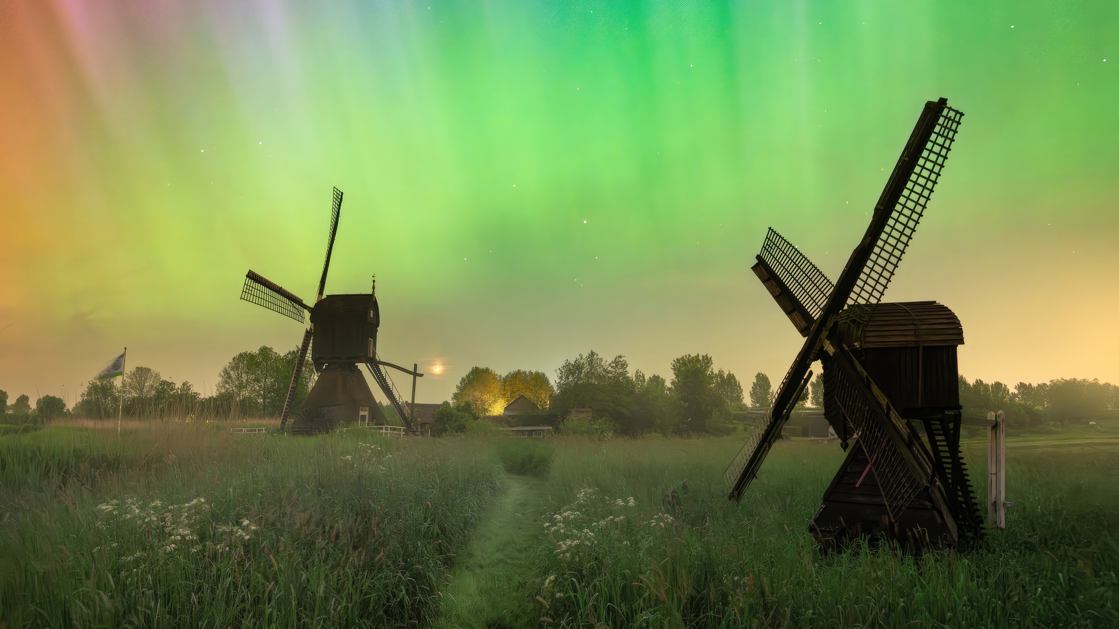 Two windmills under the aurora borealis HD Wallpaper