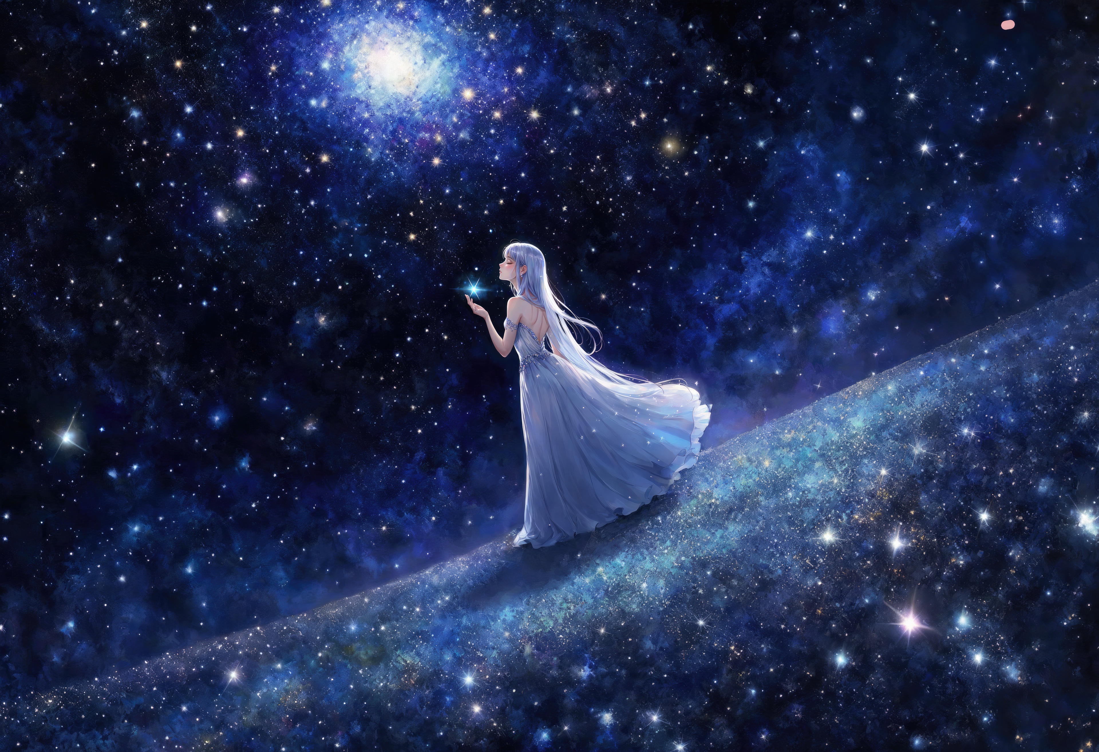 Anime Princess Holding a Star in a Galaxy HD Wallpaper