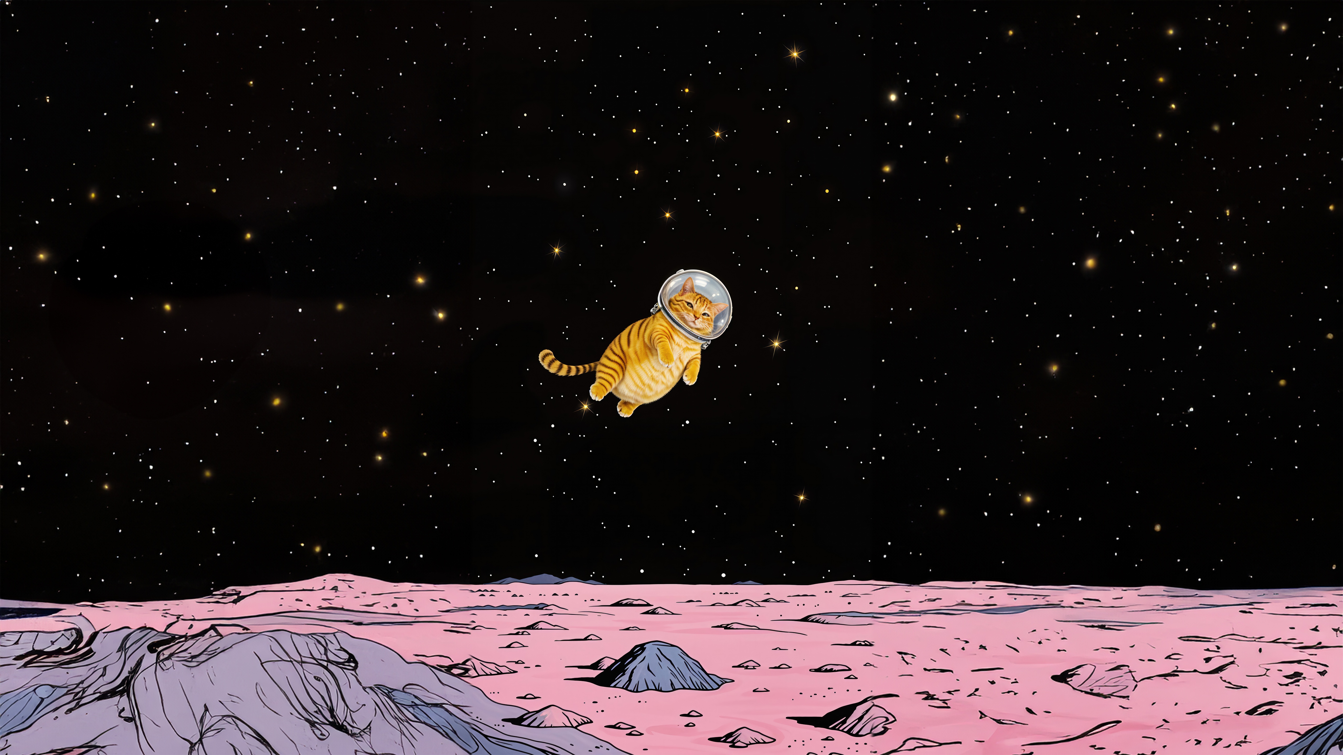 Orange Cat in Space Helmet Floats Above Pink Planet HD Wallpaper