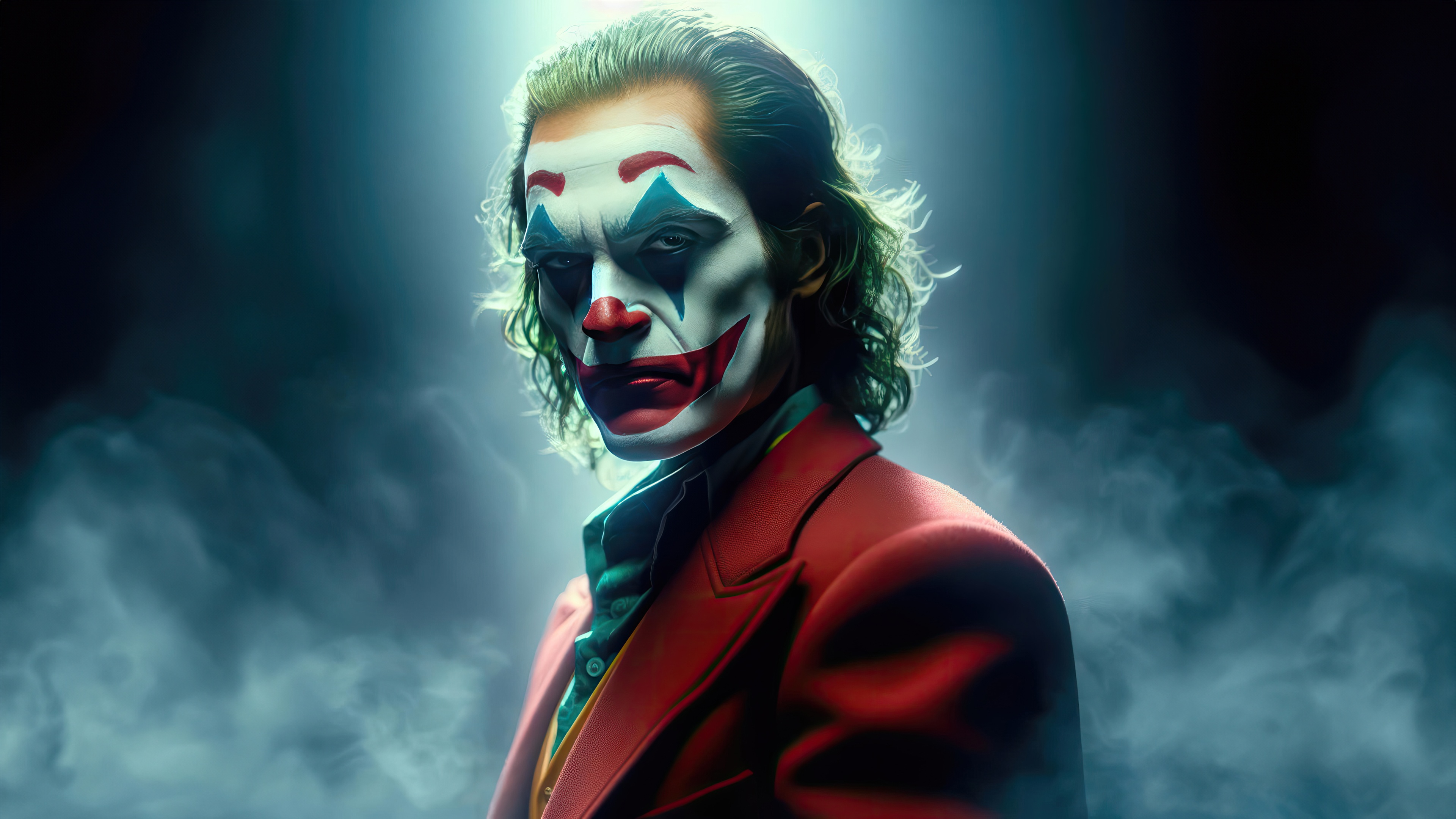 Joker in a Red Suit with Clown Makeup HD Wallpaper