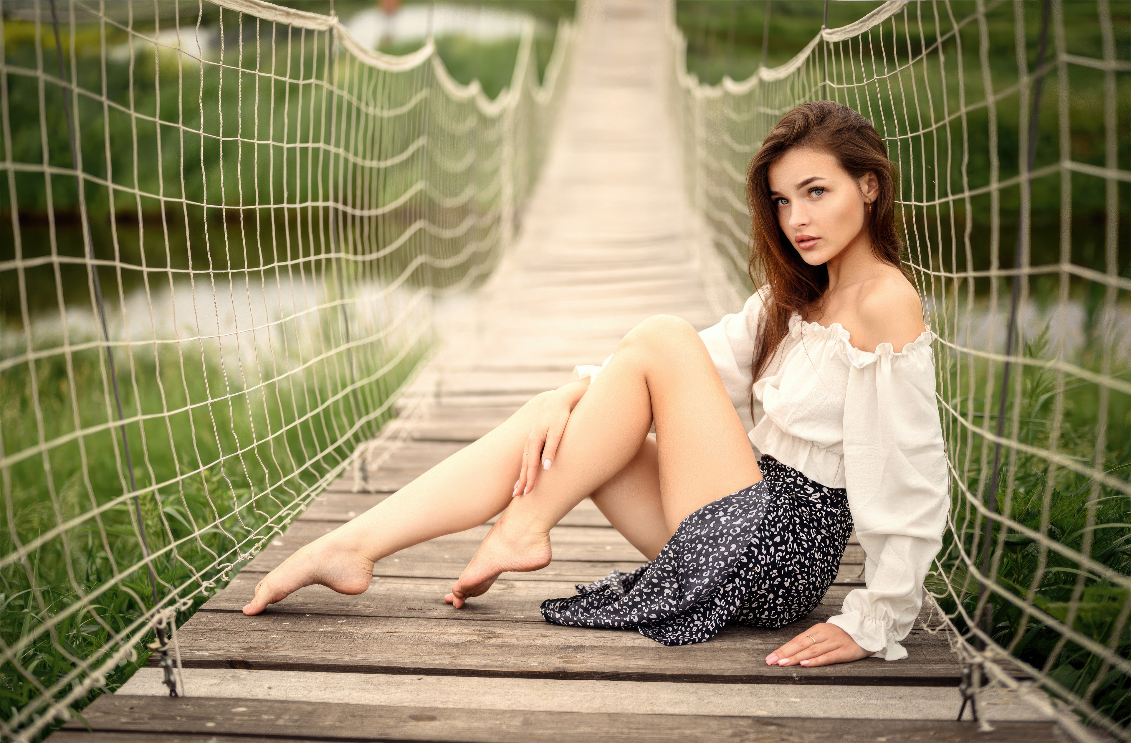 Girl Sitting On A Wooden Bridge HD Wallpaper