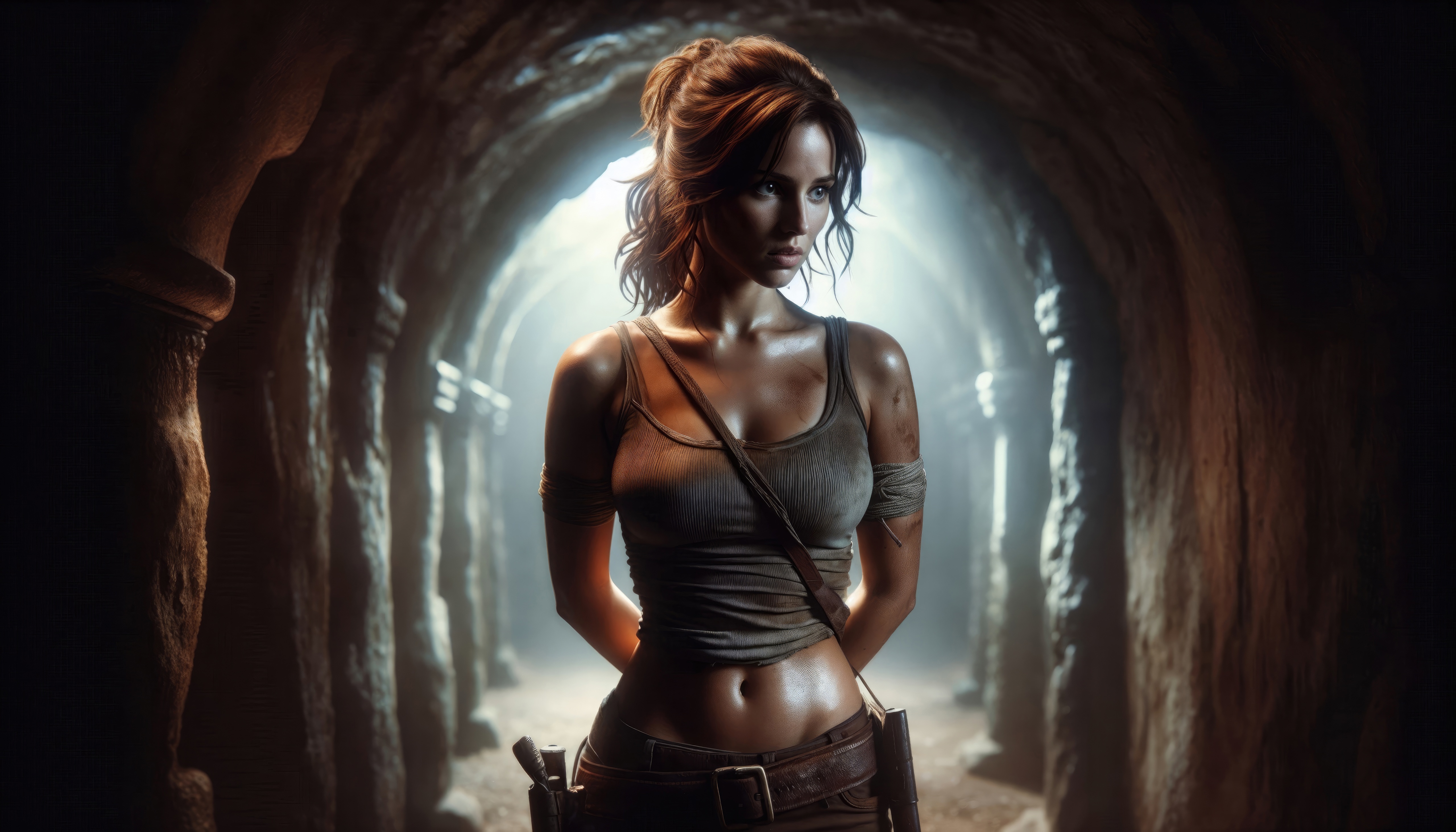 Lara Croft in a dark cave tunnel HD Wallpaper