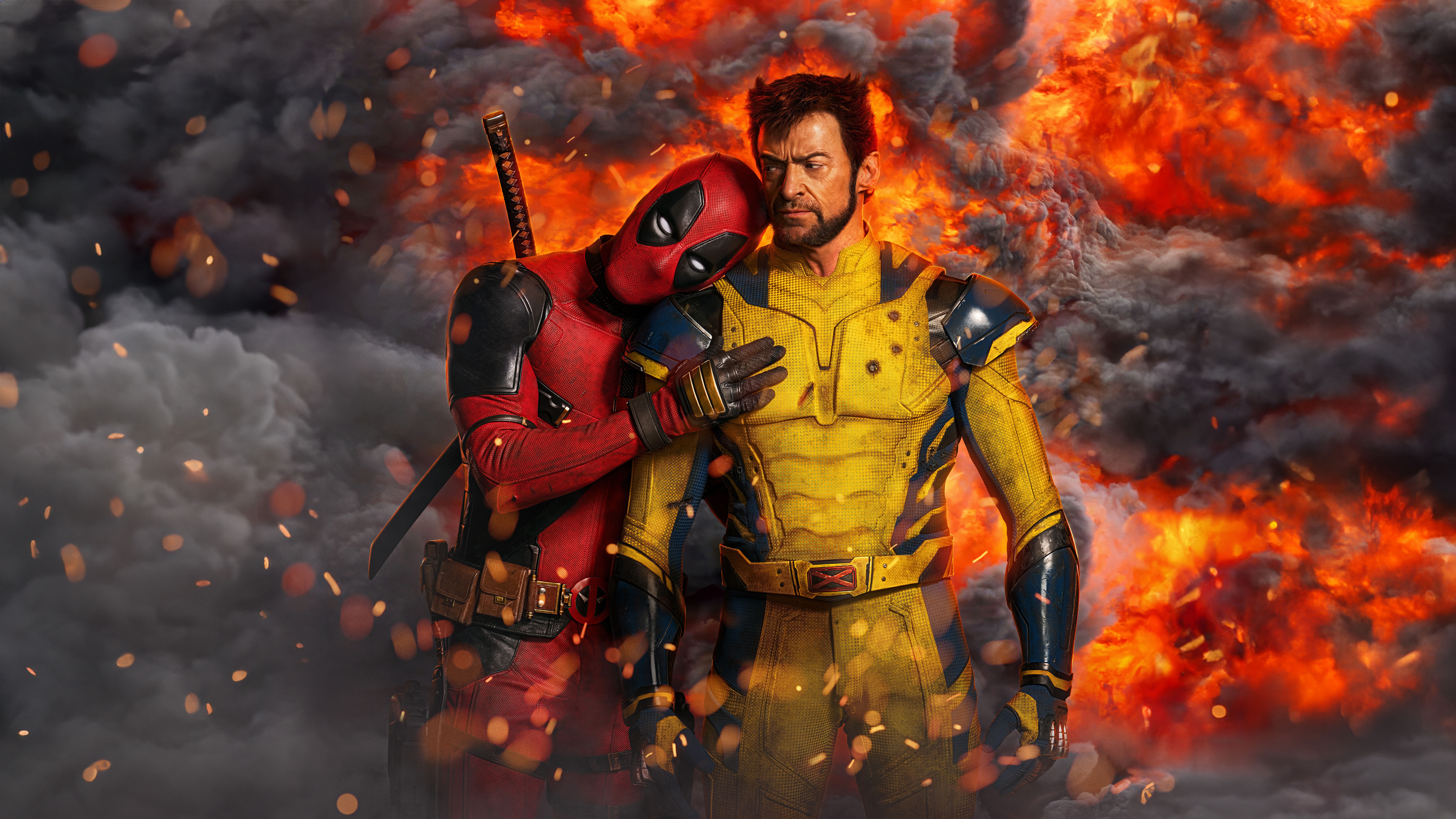 Deadpool and Wolverine in front of an explosion HD Wallpaper