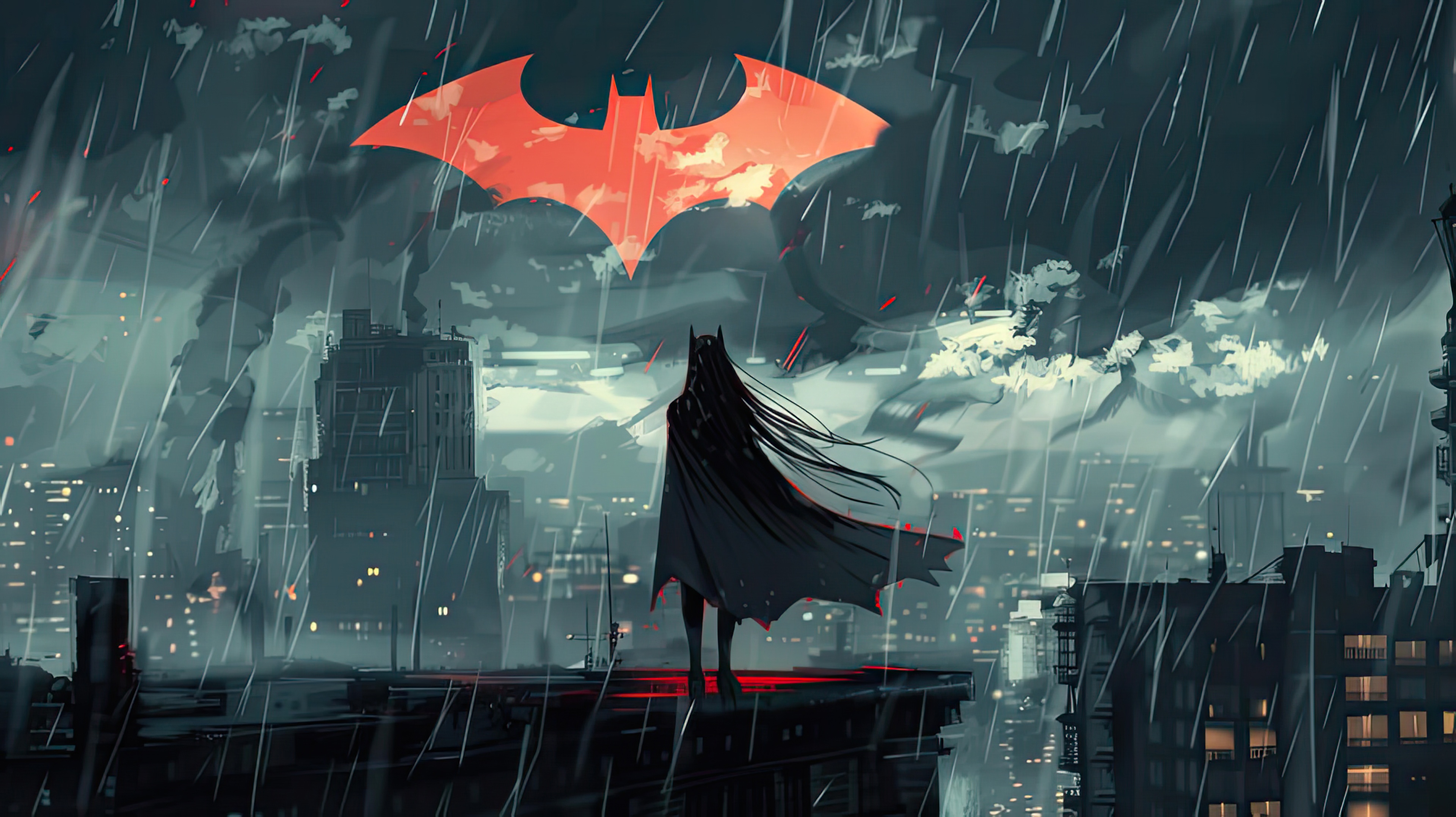 Batman in the Rain with Bat Symbol Umbrella HD Wallpaper