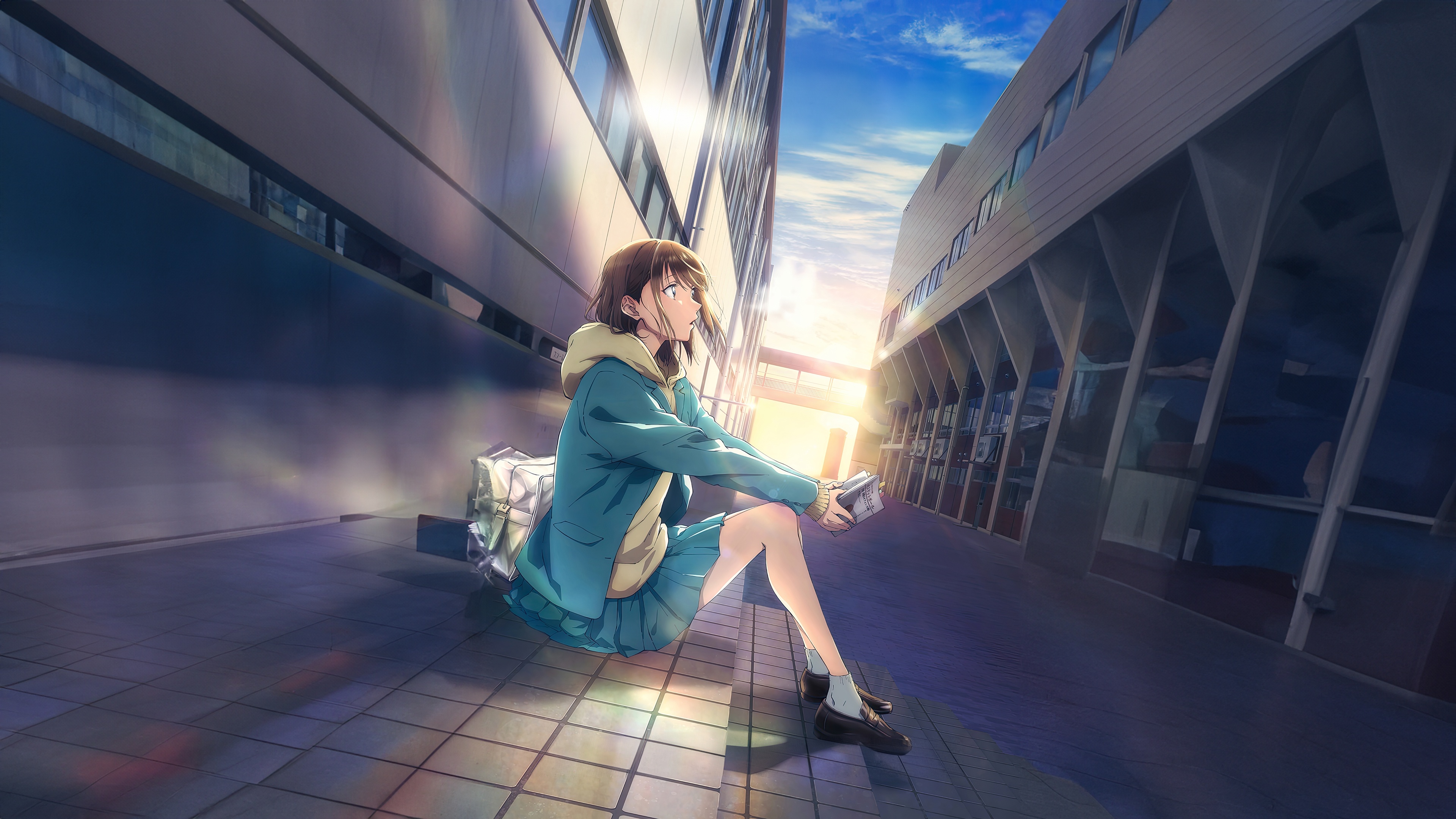 Girl sitting in front of Netflix Blue Box building HD Wallpaper