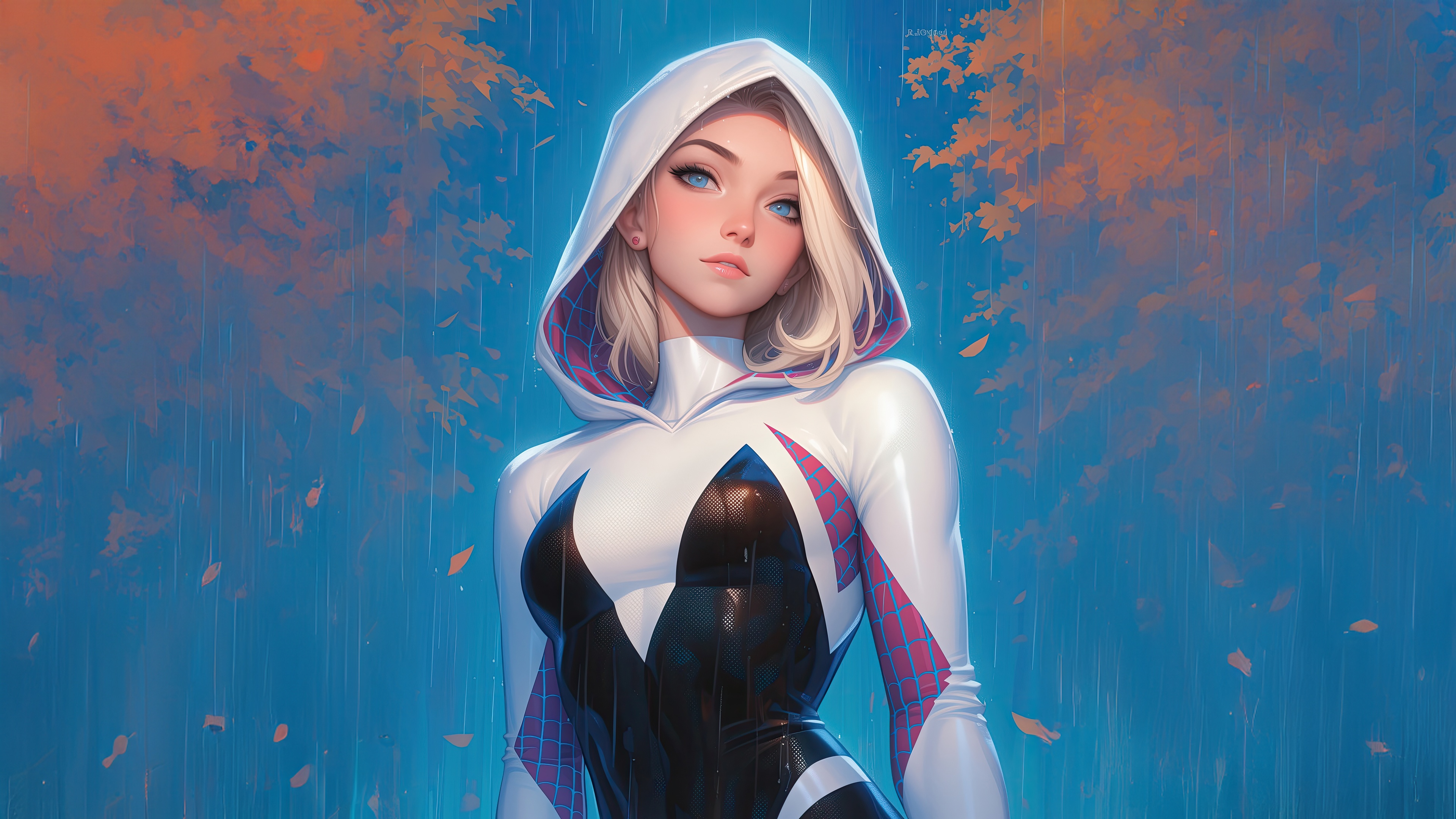 Gwen Stacy in a Spider-Gwen Suit in the Rain HD Wallpaper