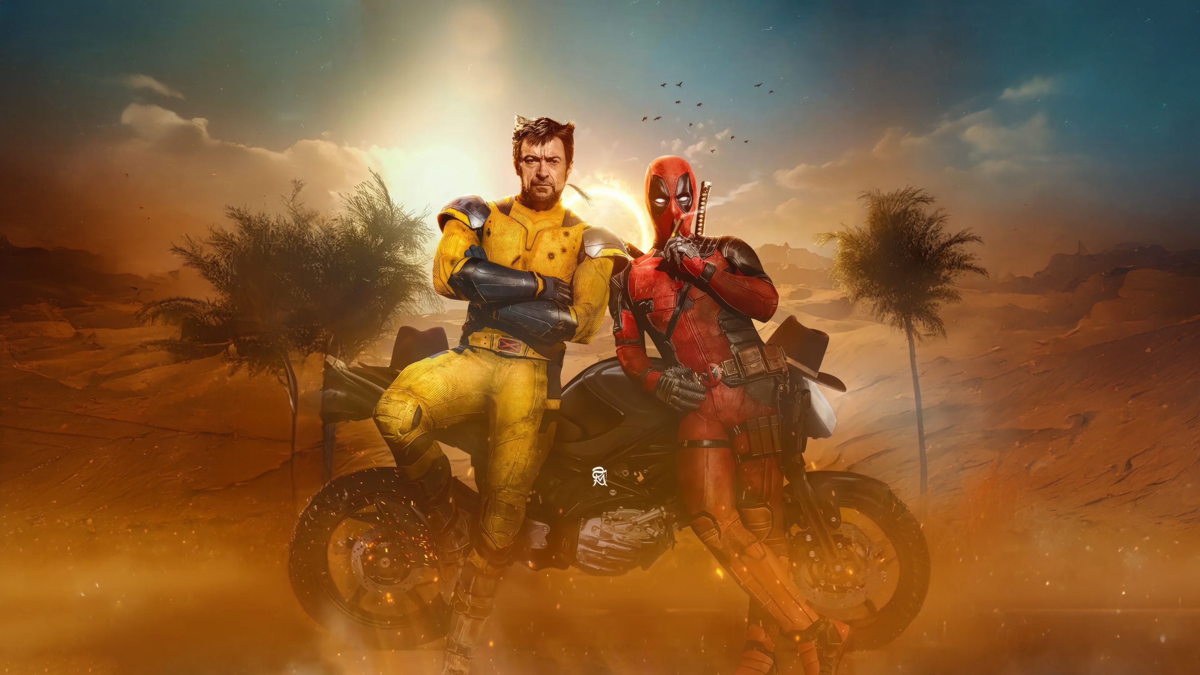 Deadpool and Wolverine on a motorcycle in the desert HD Wallpaper