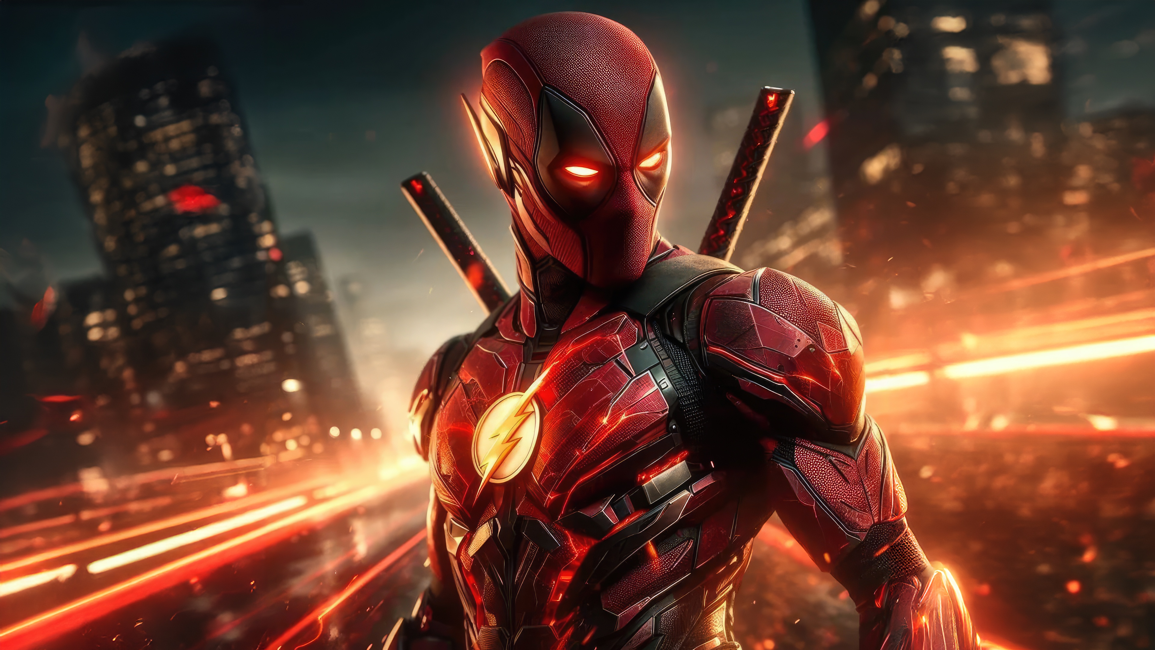 The Flash and Deadpool mashup in a city HD Wallpaper
