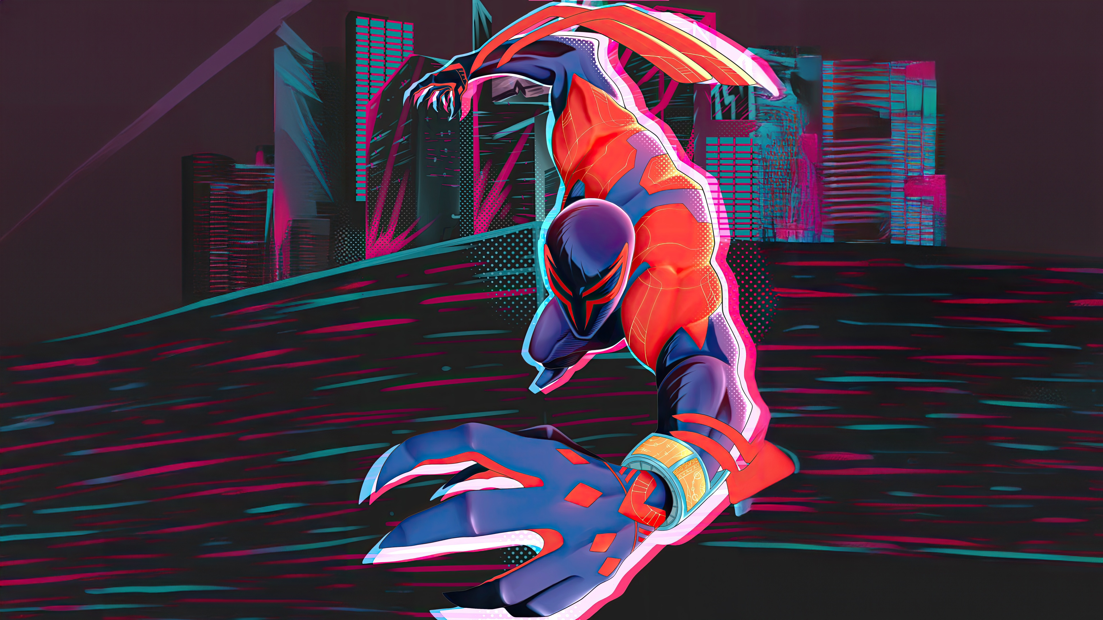 Spider-Man 2099 in a stylized city HD Wallpaper