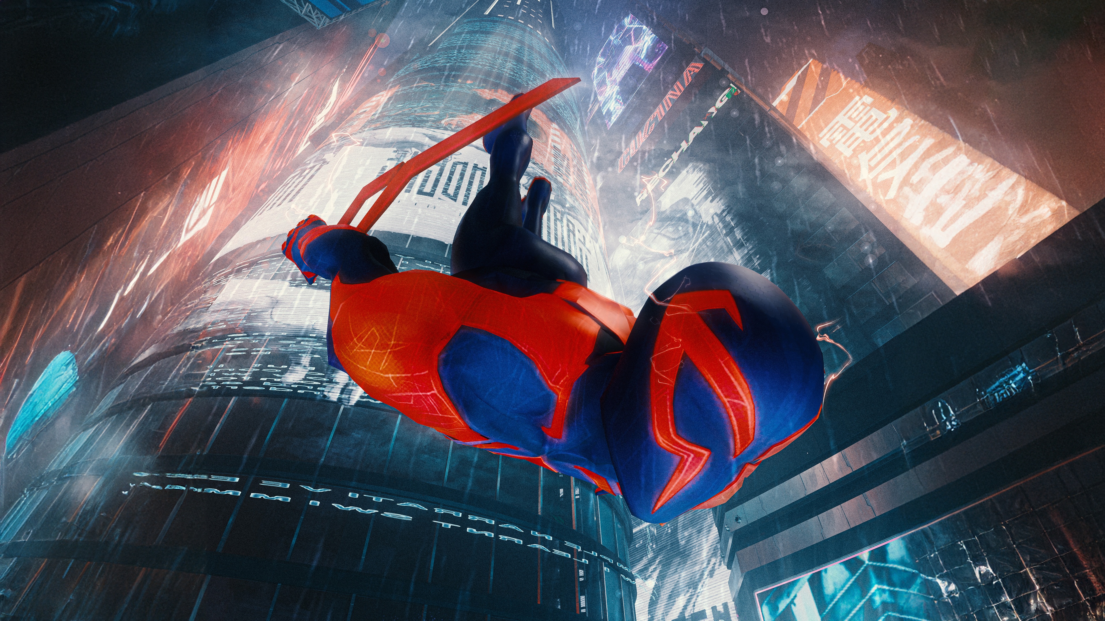 Spider-Man 2099 in a futuristic city HD Wallpaper