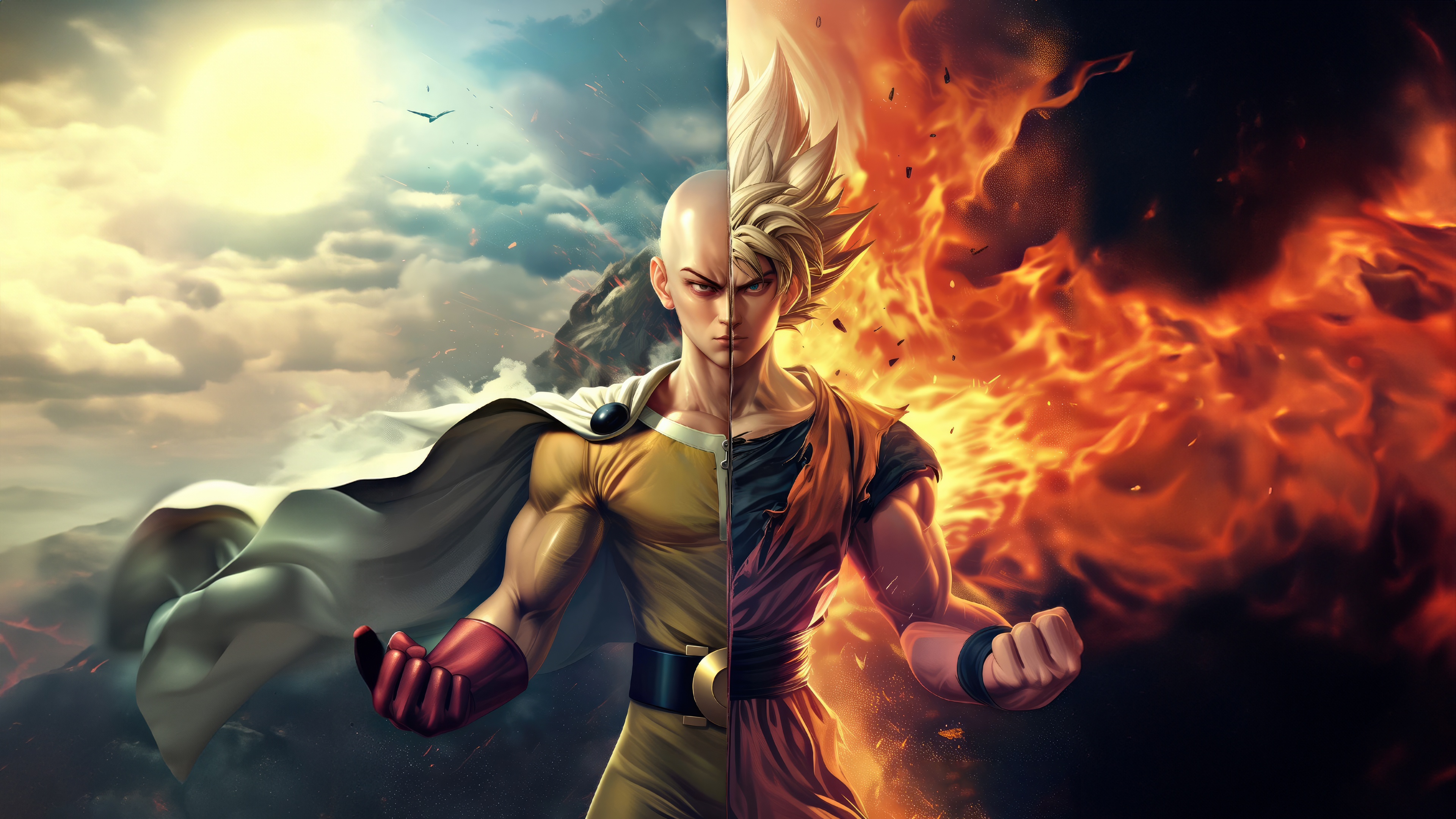 Goku and Saitama split image with fire and clouds HD Wallpaper