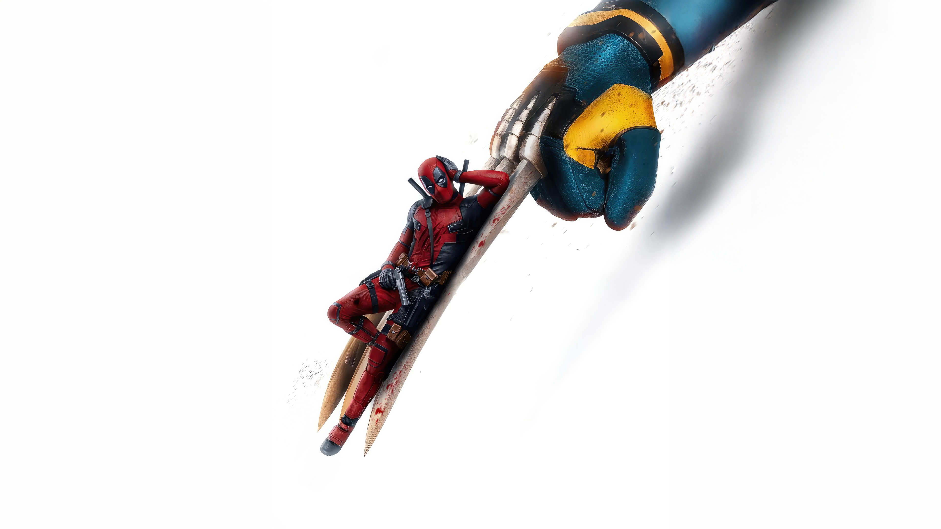 Deadpool resting on Wolverine's claws HD Wallpaper