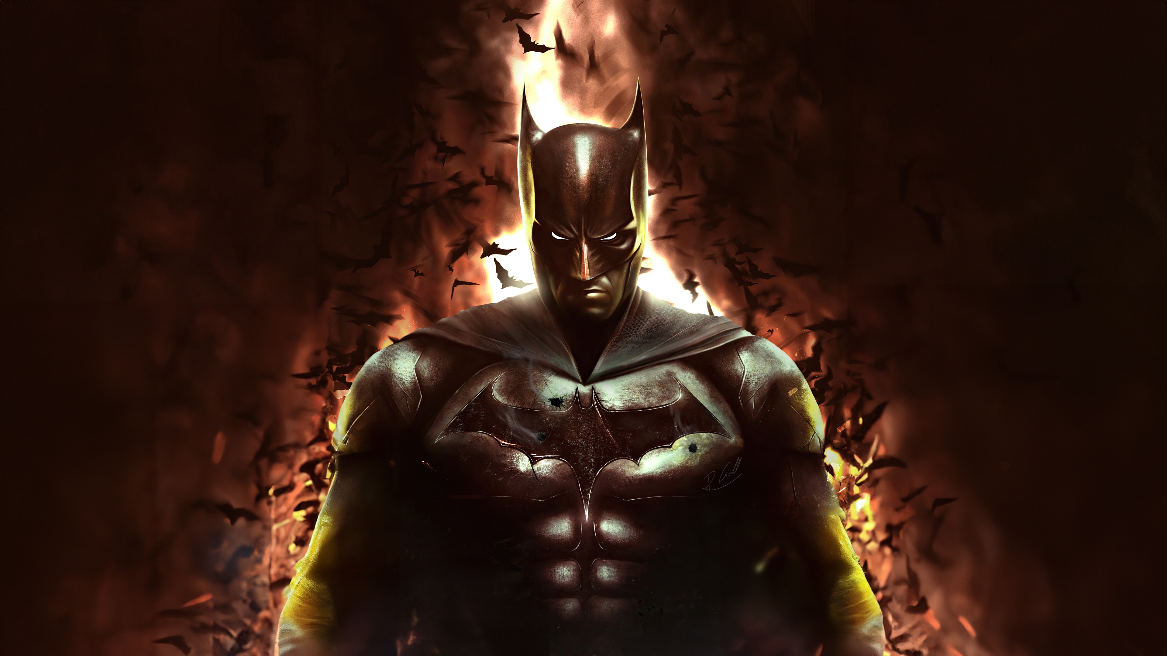 Batman surrounded by bats and fire HD Wallpaper