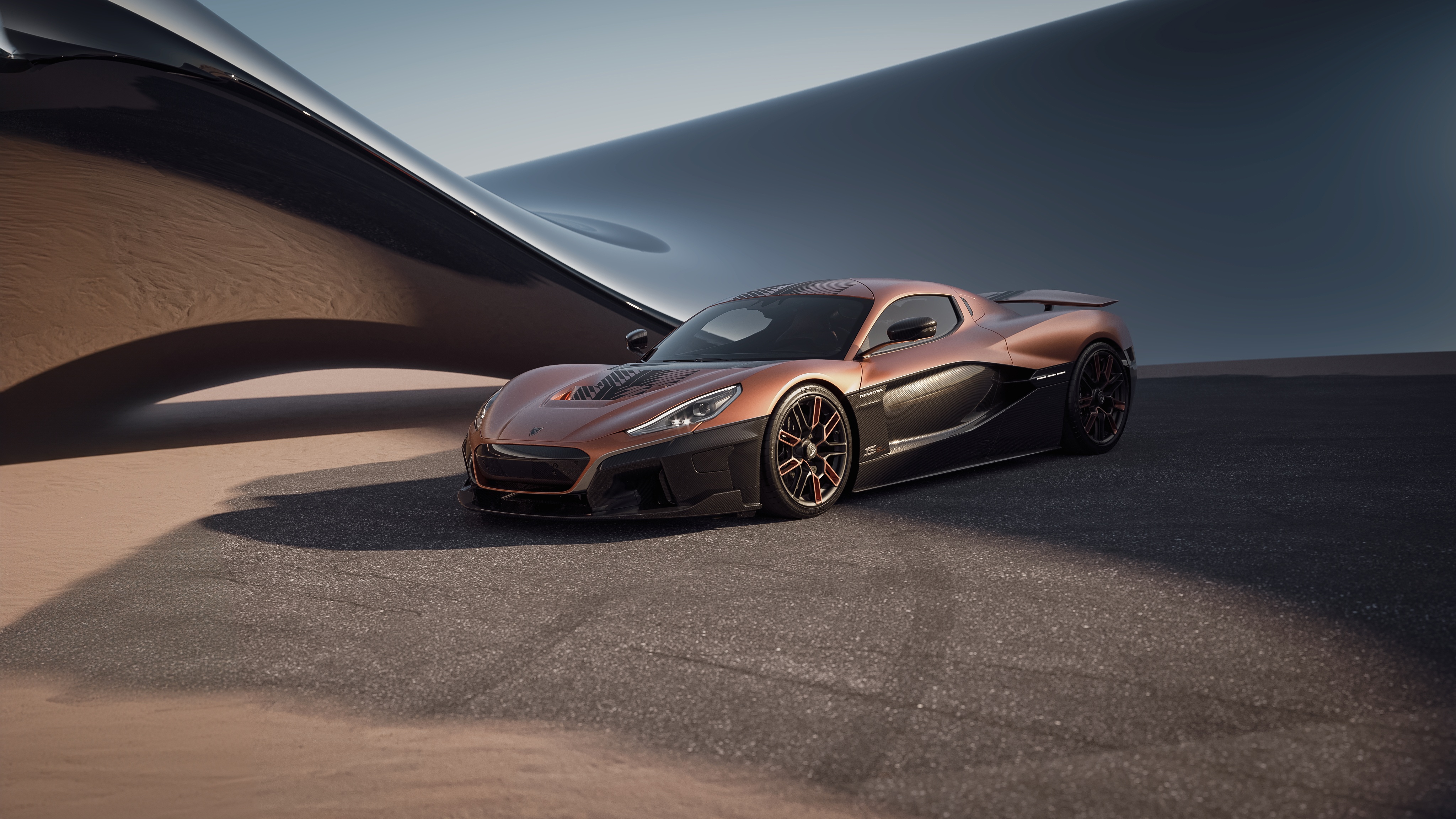 Rimac Nevera 15th Anniversary electric hypercar in desert landscape HD Wallpaper