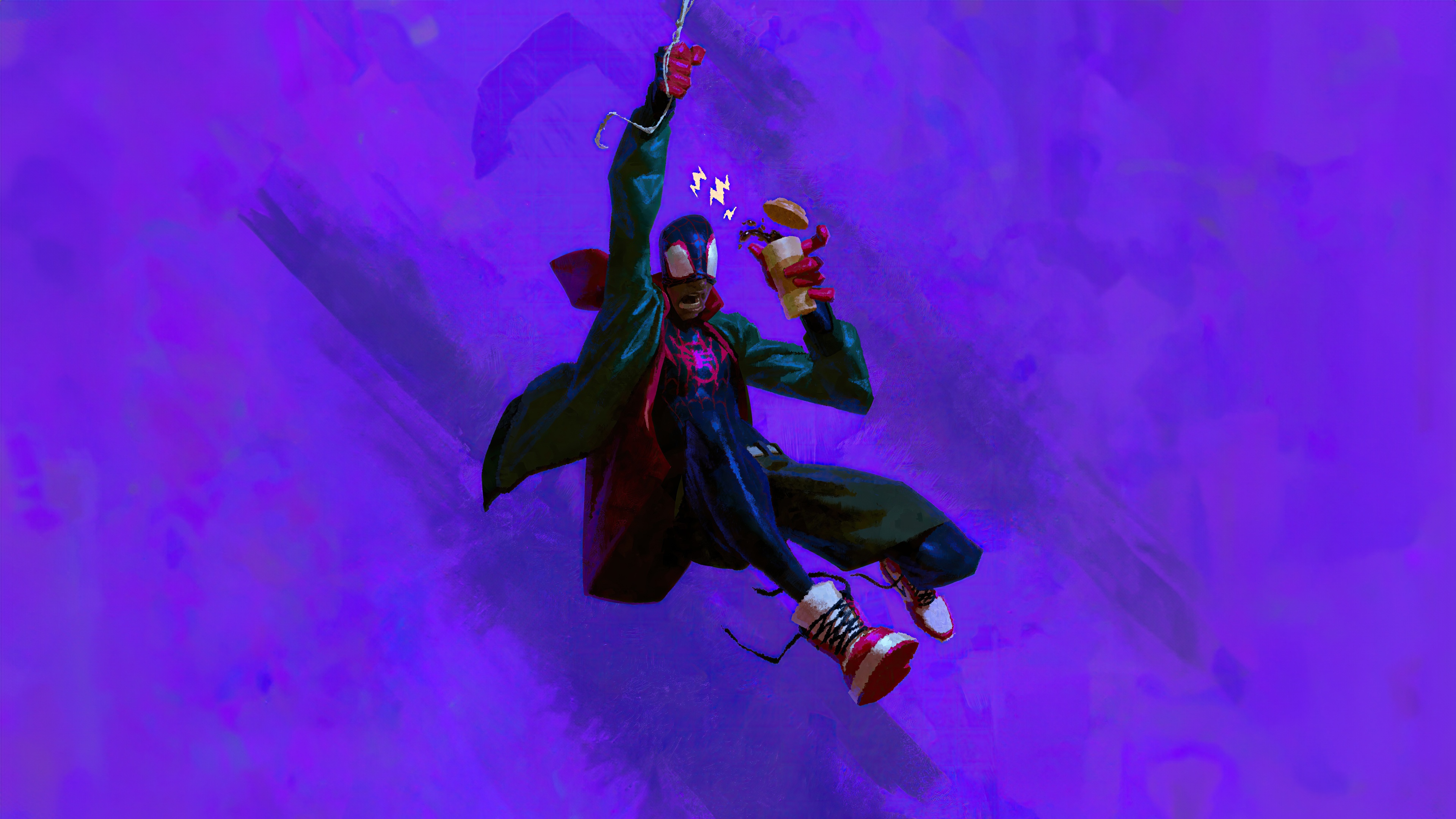 Miles Morales Swinging with a Burger HD Wallpaper