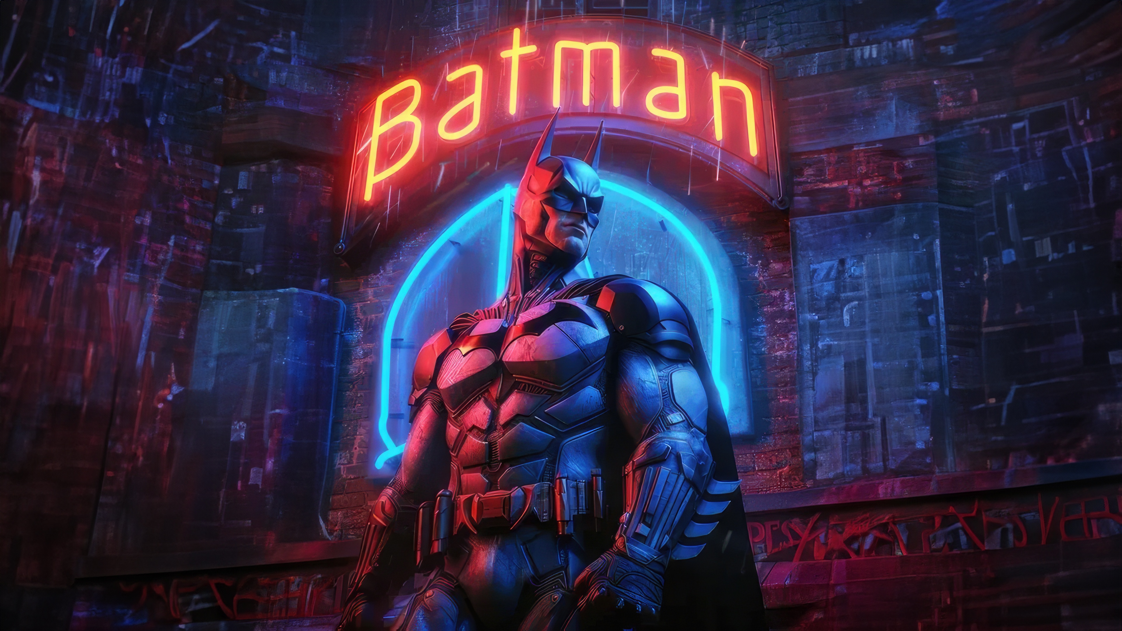 Batman in front of a neon sign HD Wallpaper