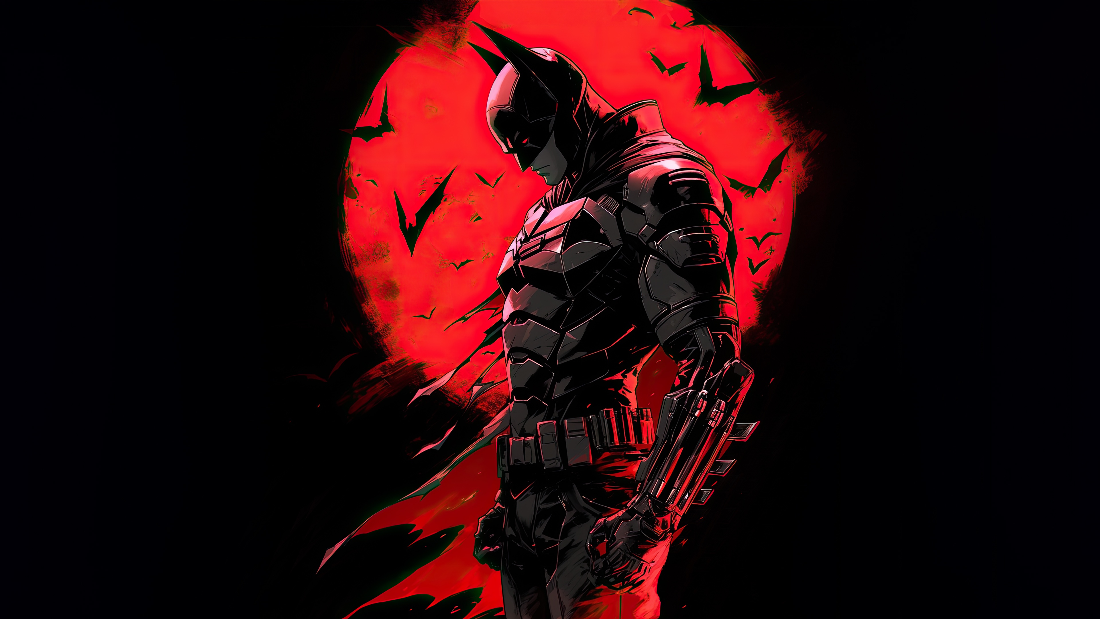 Batman in front of a red moon with bats HD Wallpaper
