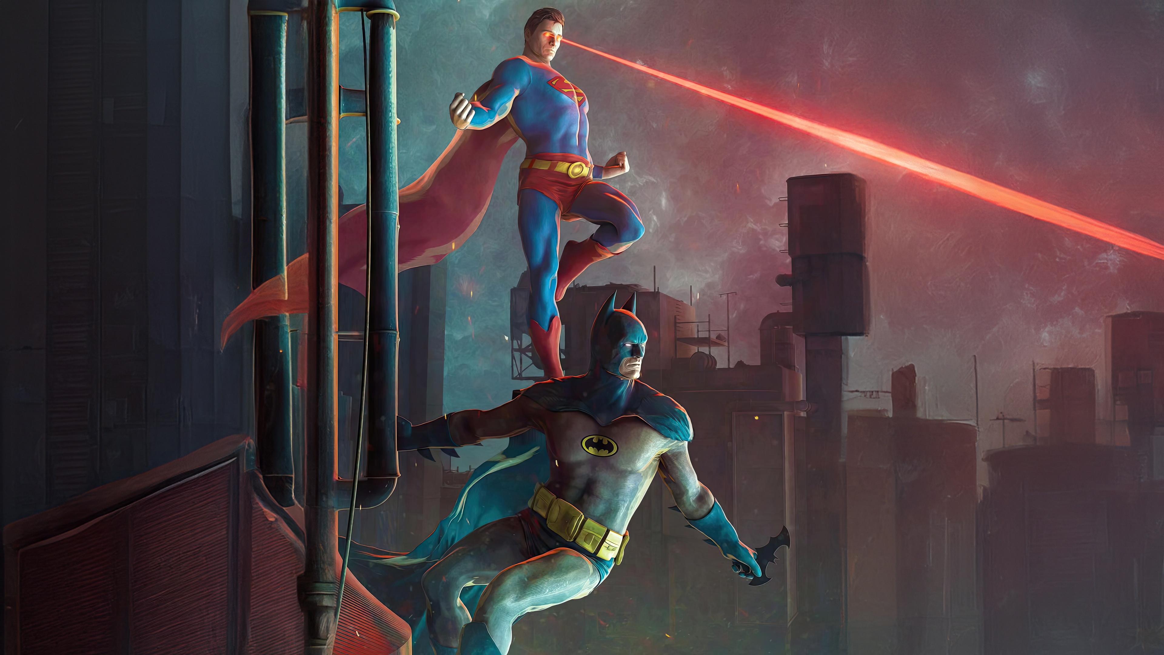 Superman and Batman in a dark city HD Wallpaper