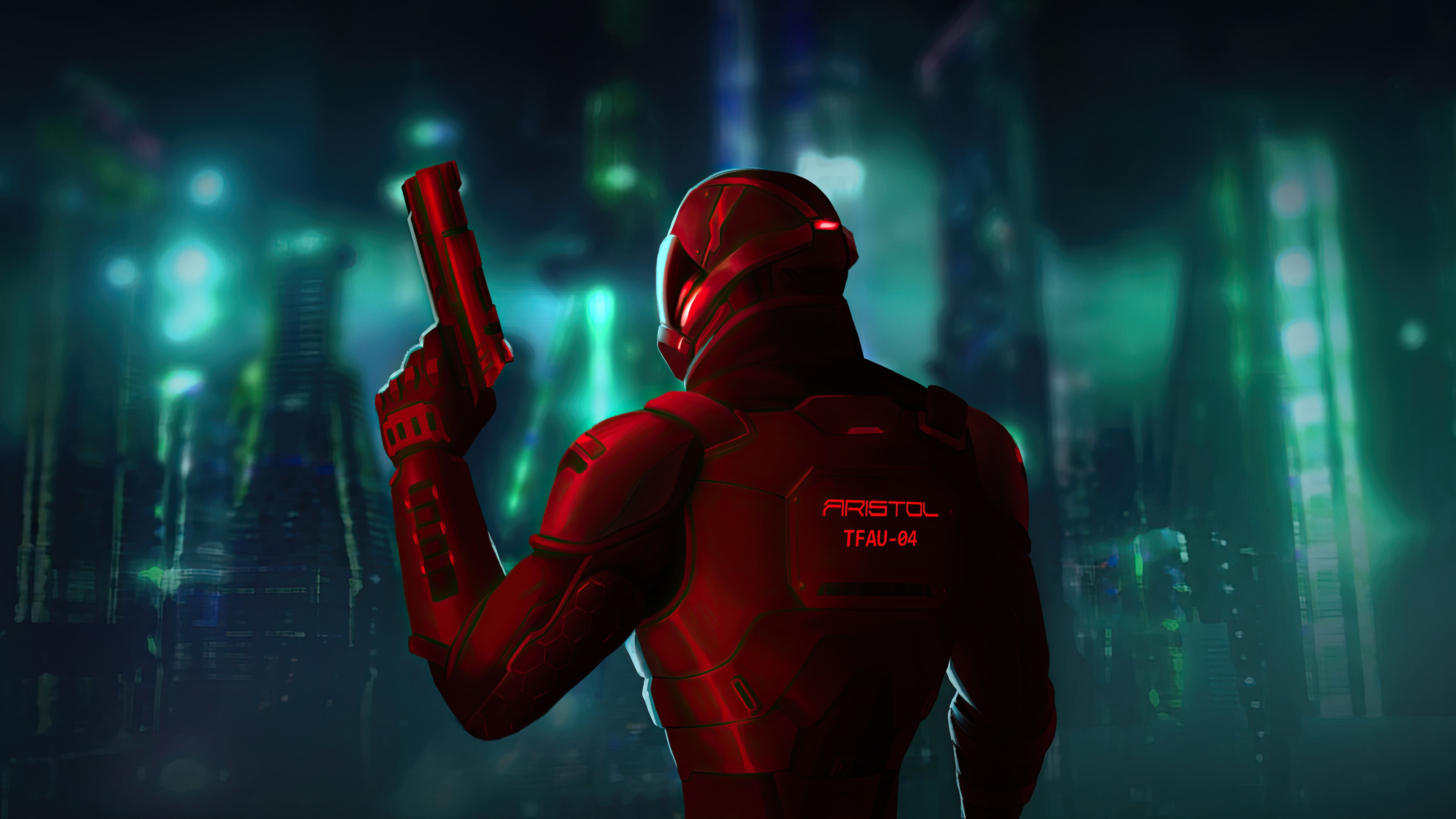 Red armored figure with pistol in futuristic city HD Wallpaper