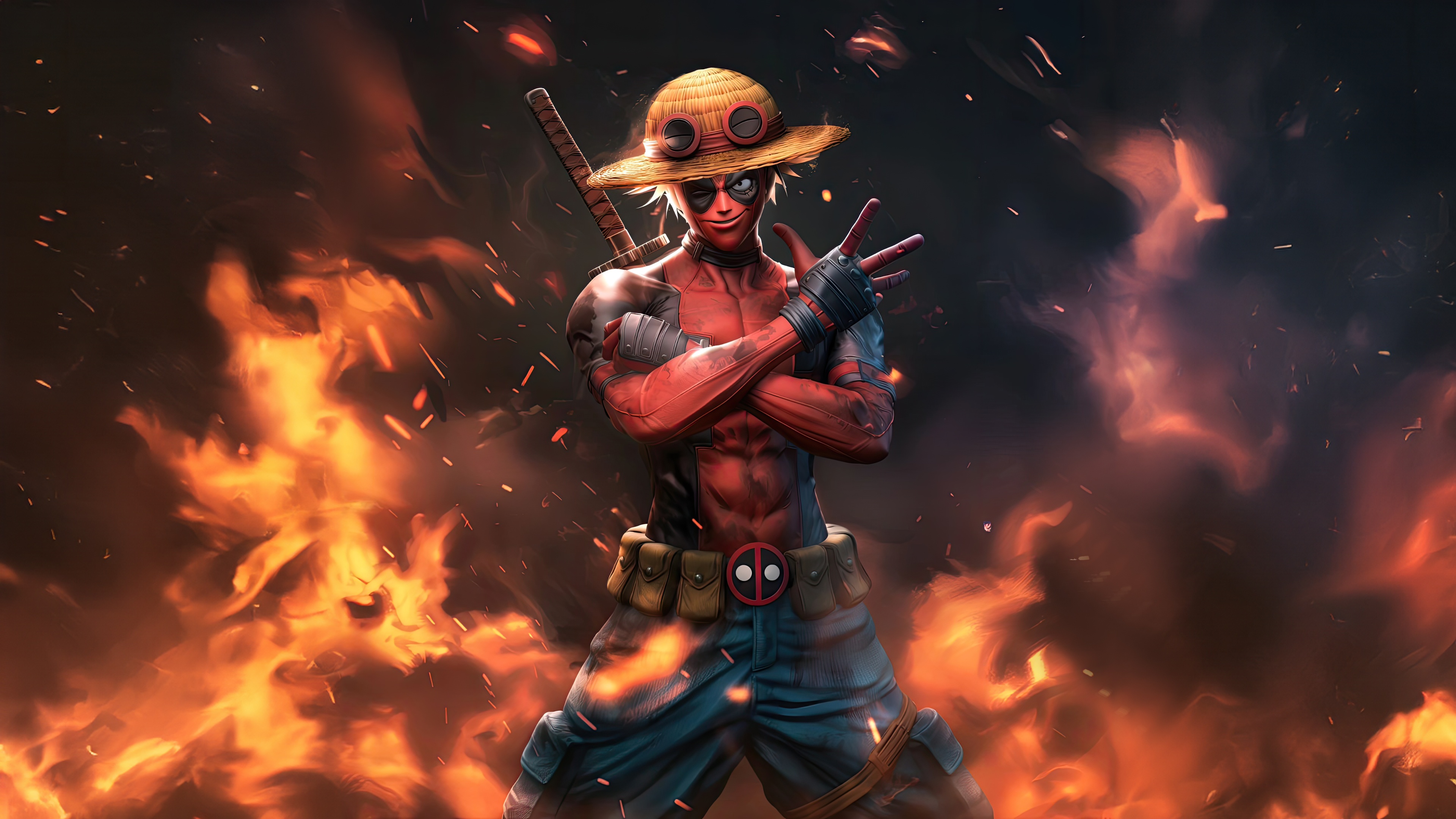 Monkey D. Luffy x Deadpool in Flames HD Wallpaper