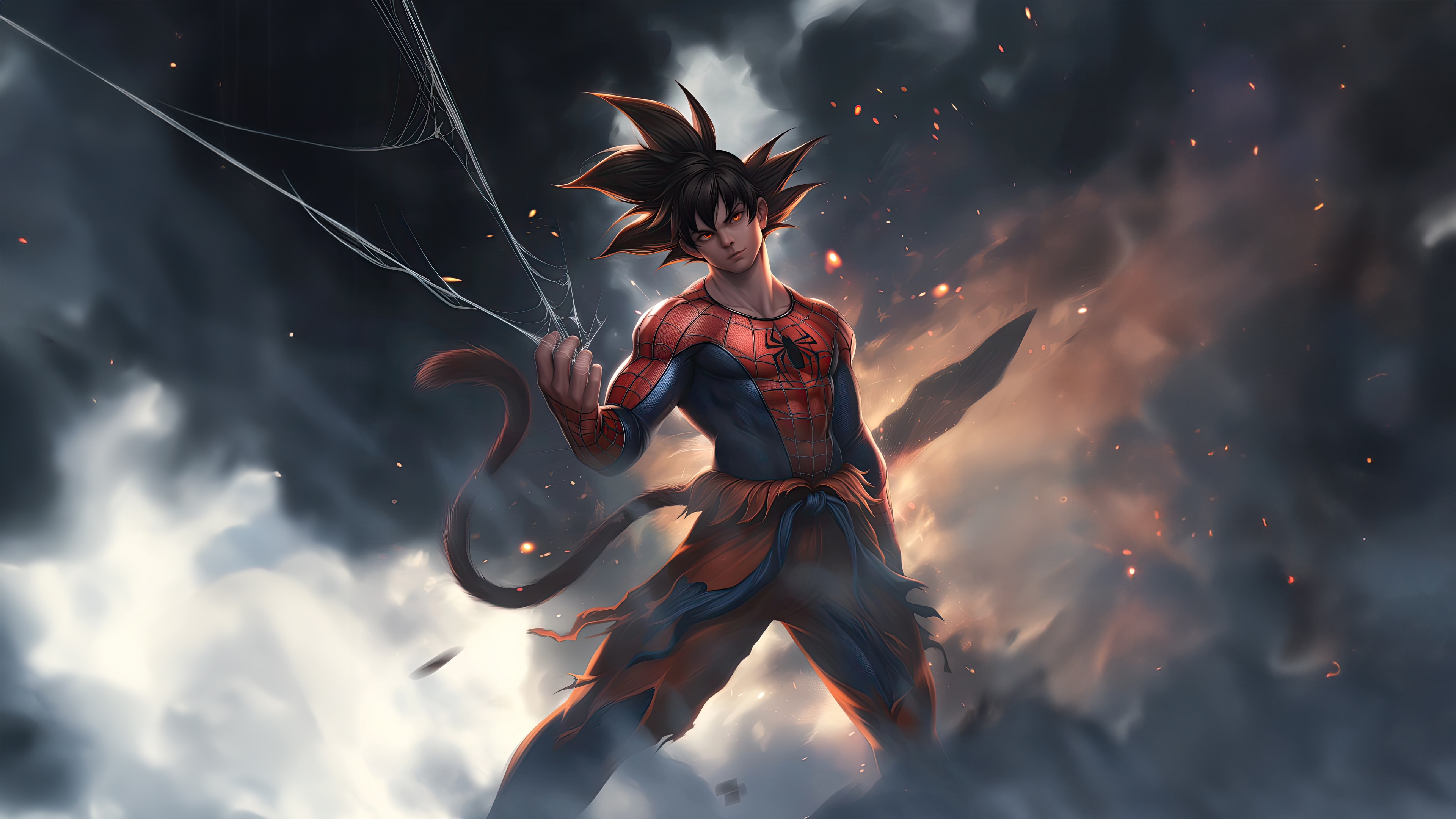 Goku as Spider-Man in a dramatic sky HD Wallpaper