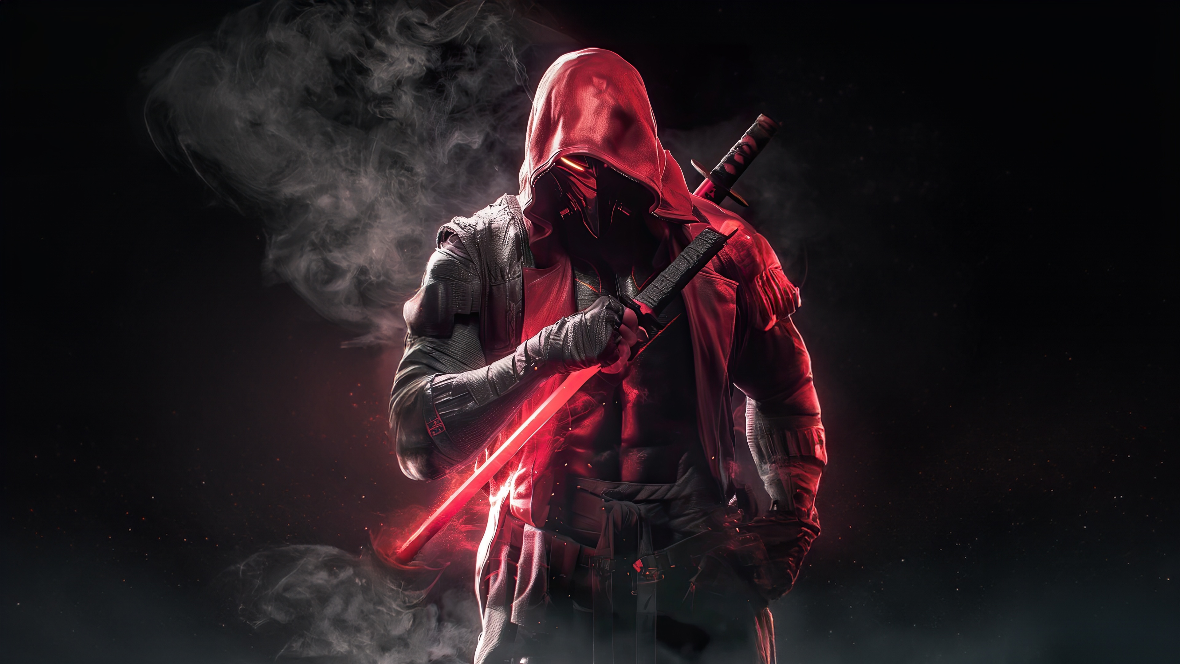 Red Hood with glowing red katana and samurai swords HD Wallpaper