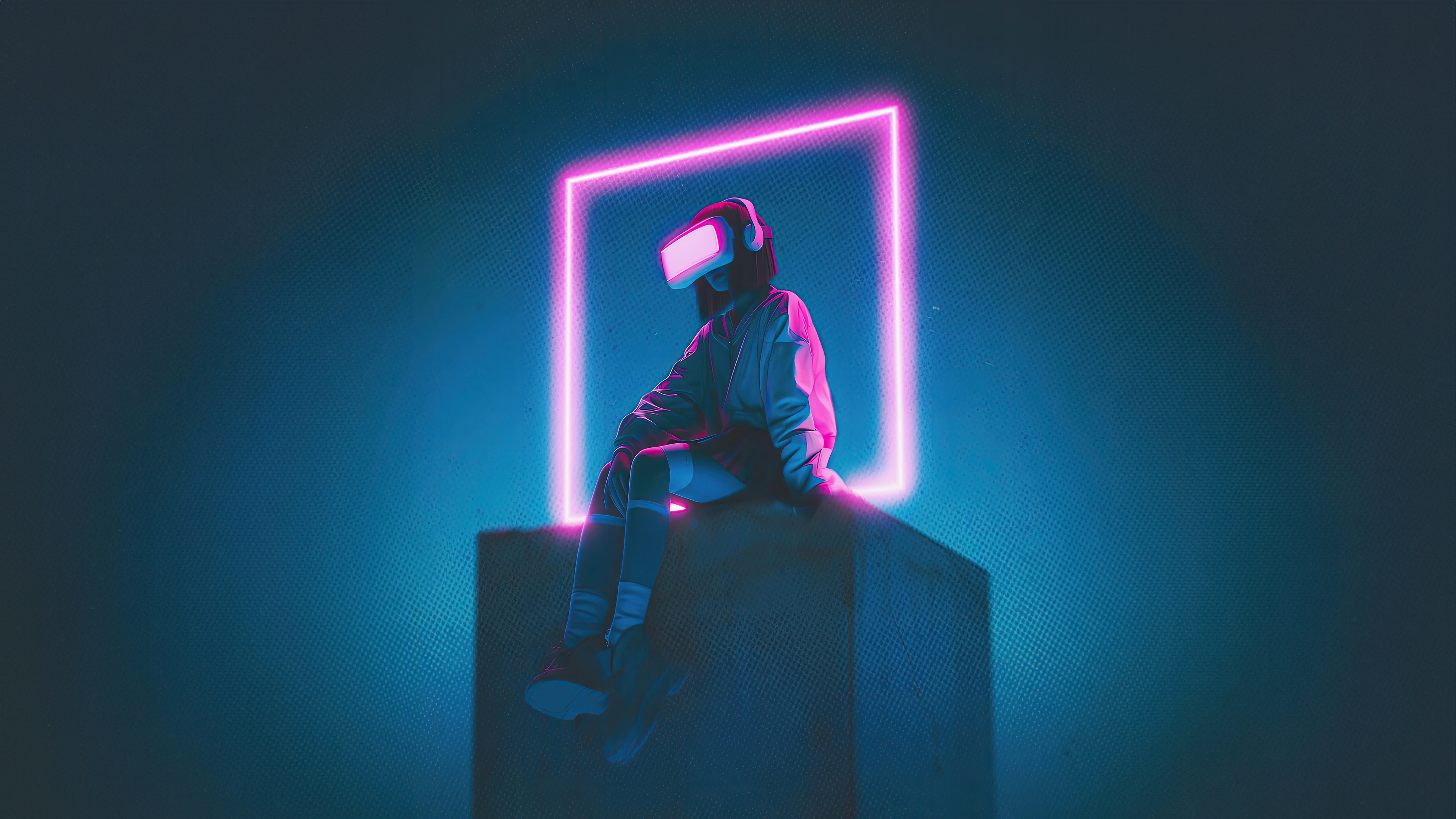 Person in VR headset sitting in neon light HD Wallpaper