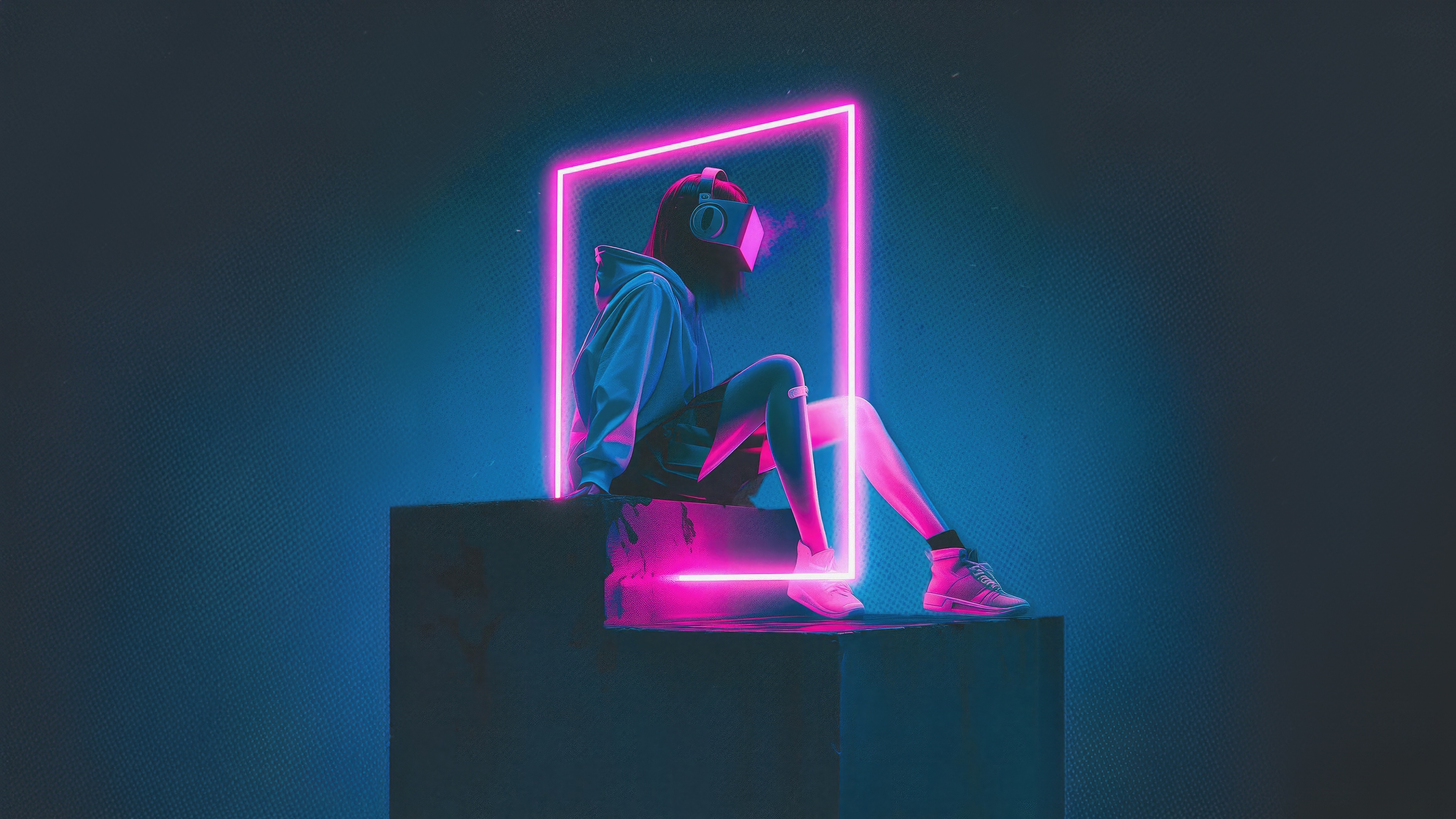 Person in VR headset sitting in neon light HD Wallpaper