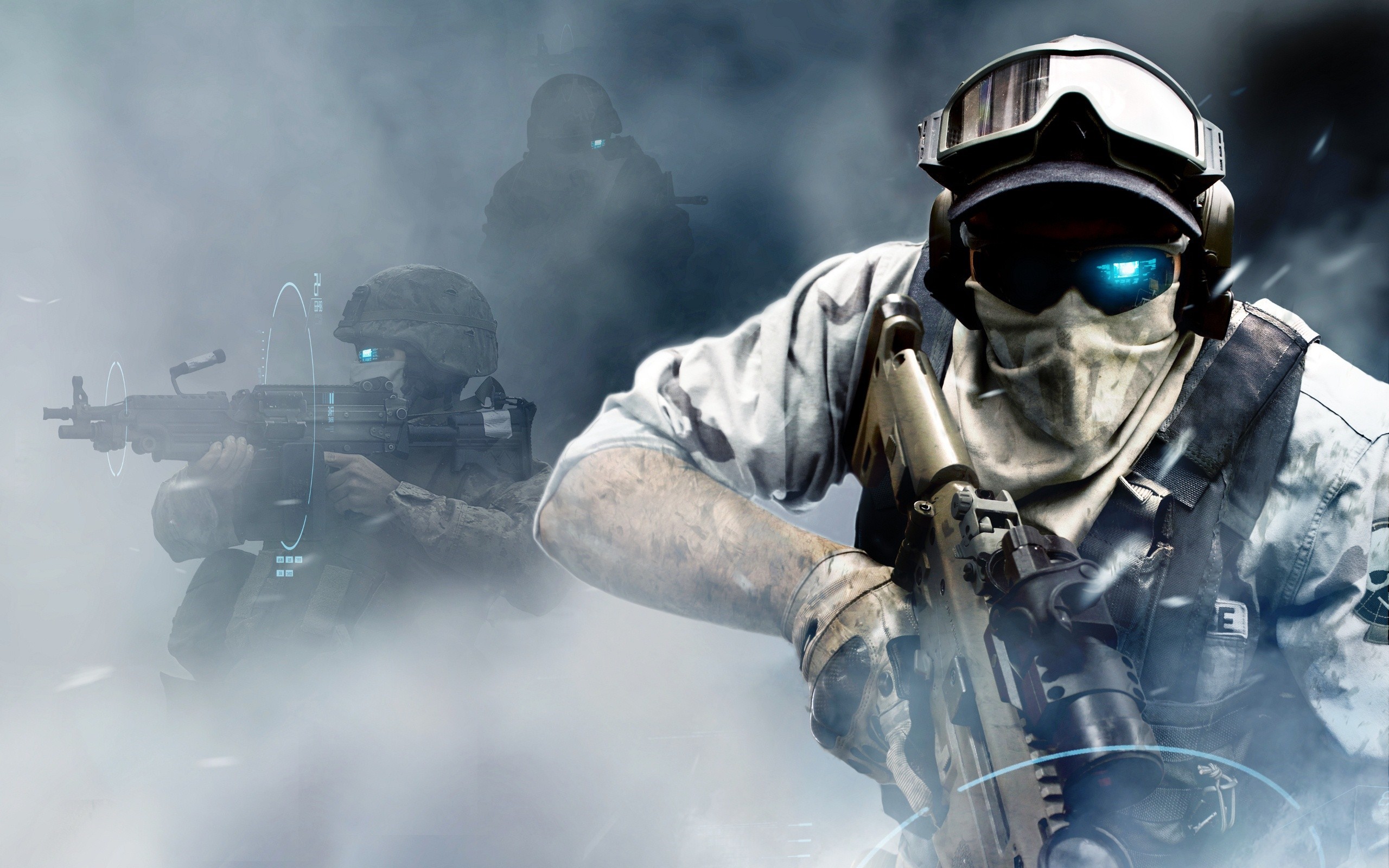 Soldiers in tactical gear with assault rifles in smoke HD Wallpaper