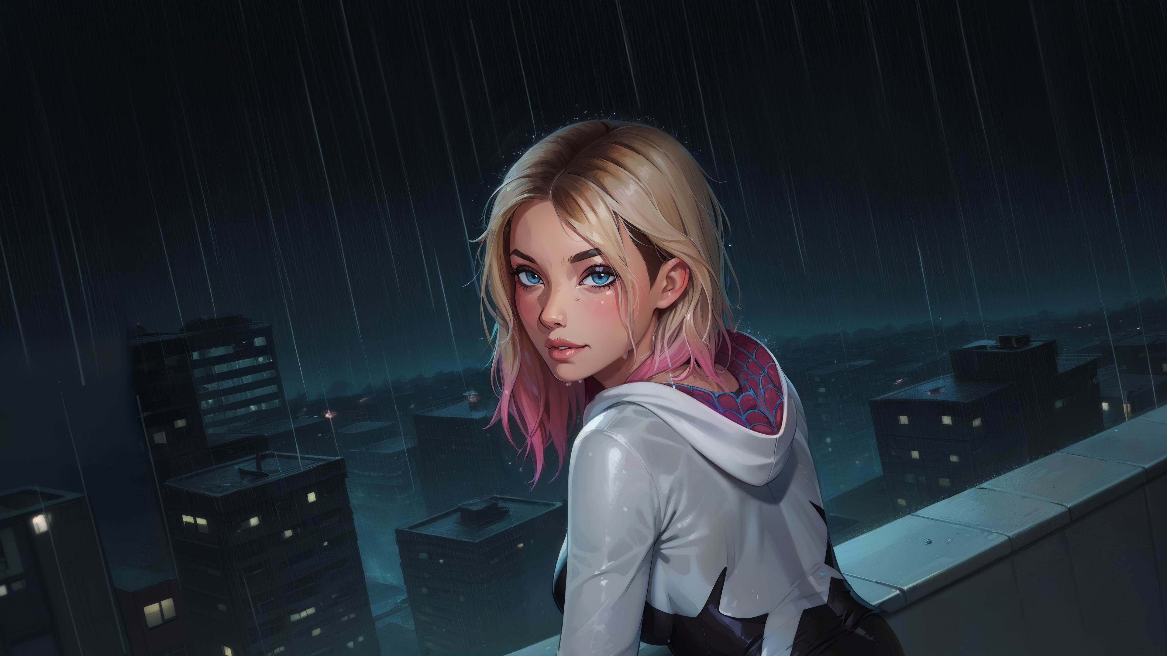 Gwen Stacy in the Rain on a Rooftop HD Wallpaper