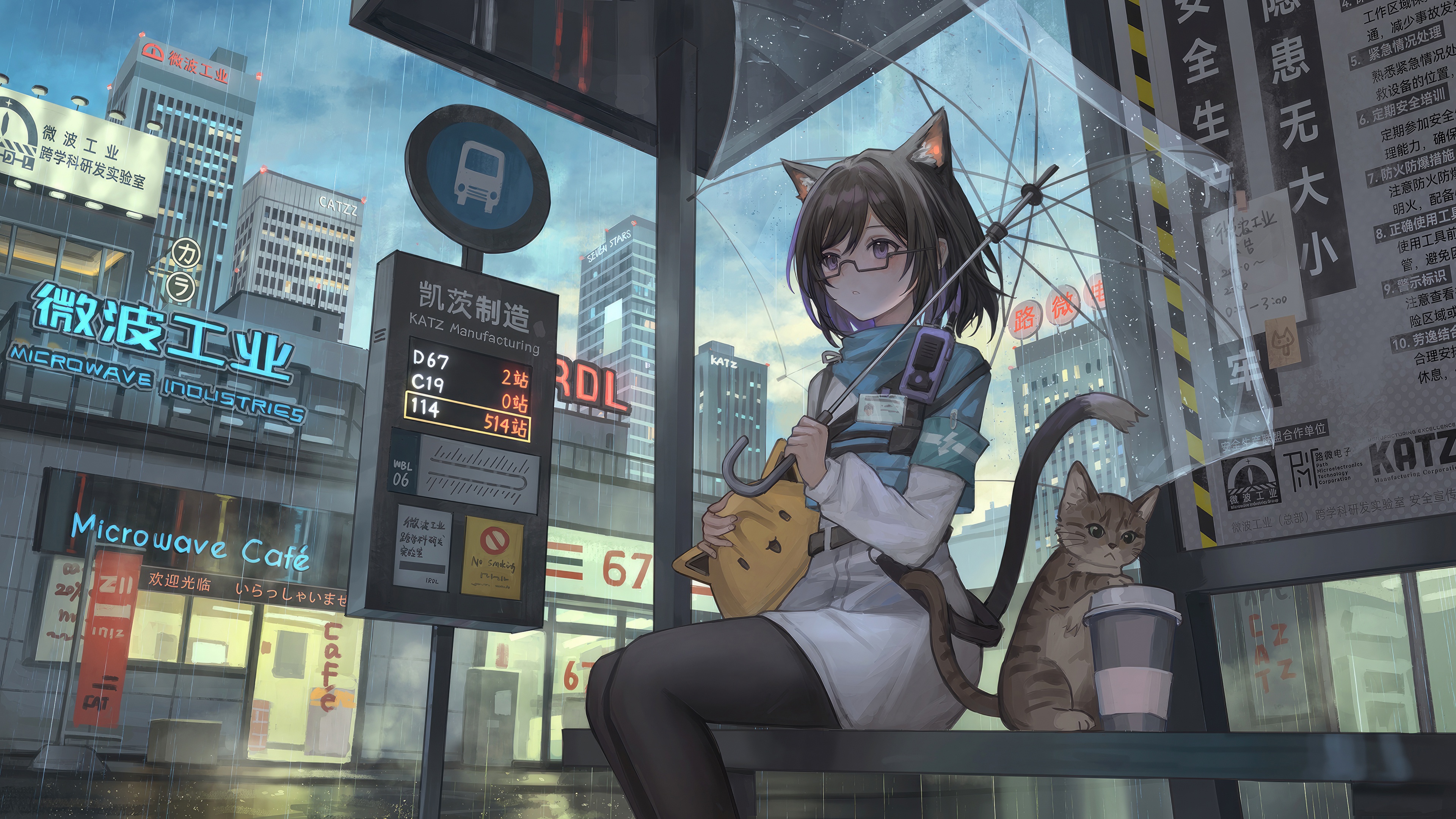 Anime Girl with Cat at Bus Stop in Rain HD Wallpaper