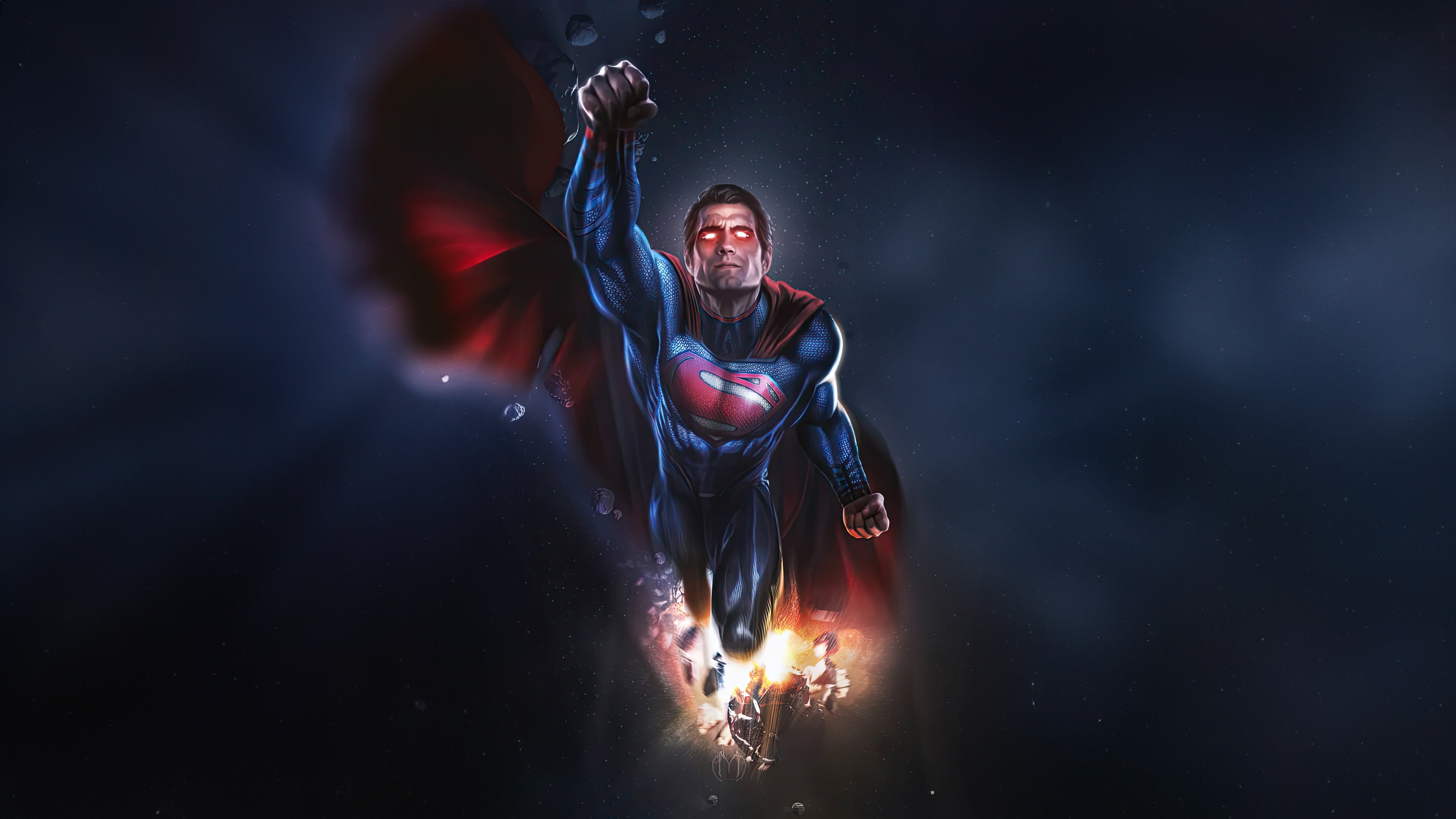 Superman flying with red eyes and cape HD Wallpaper