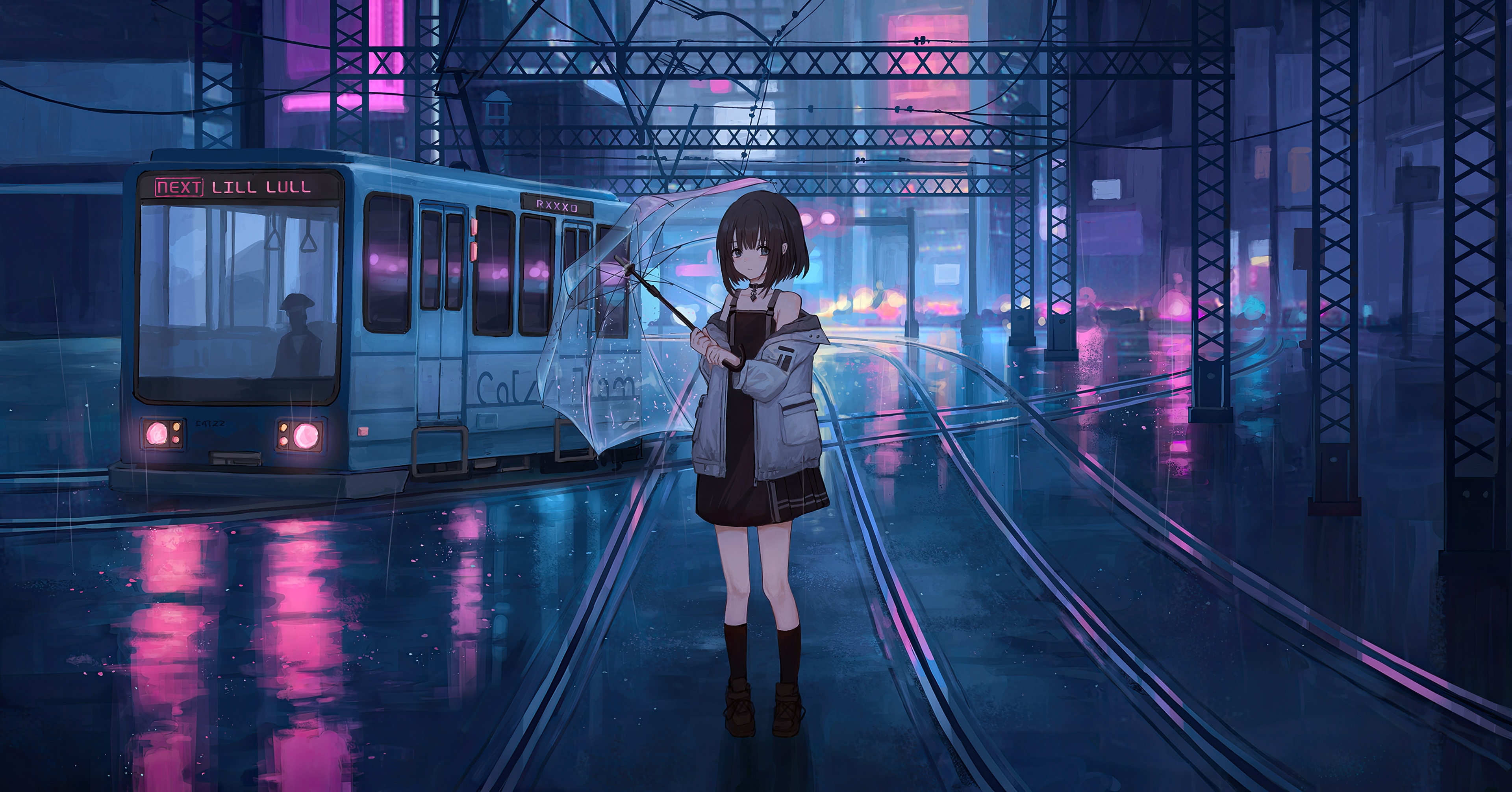 Girl with umbrella on rainy city street with train HD Wallpaper