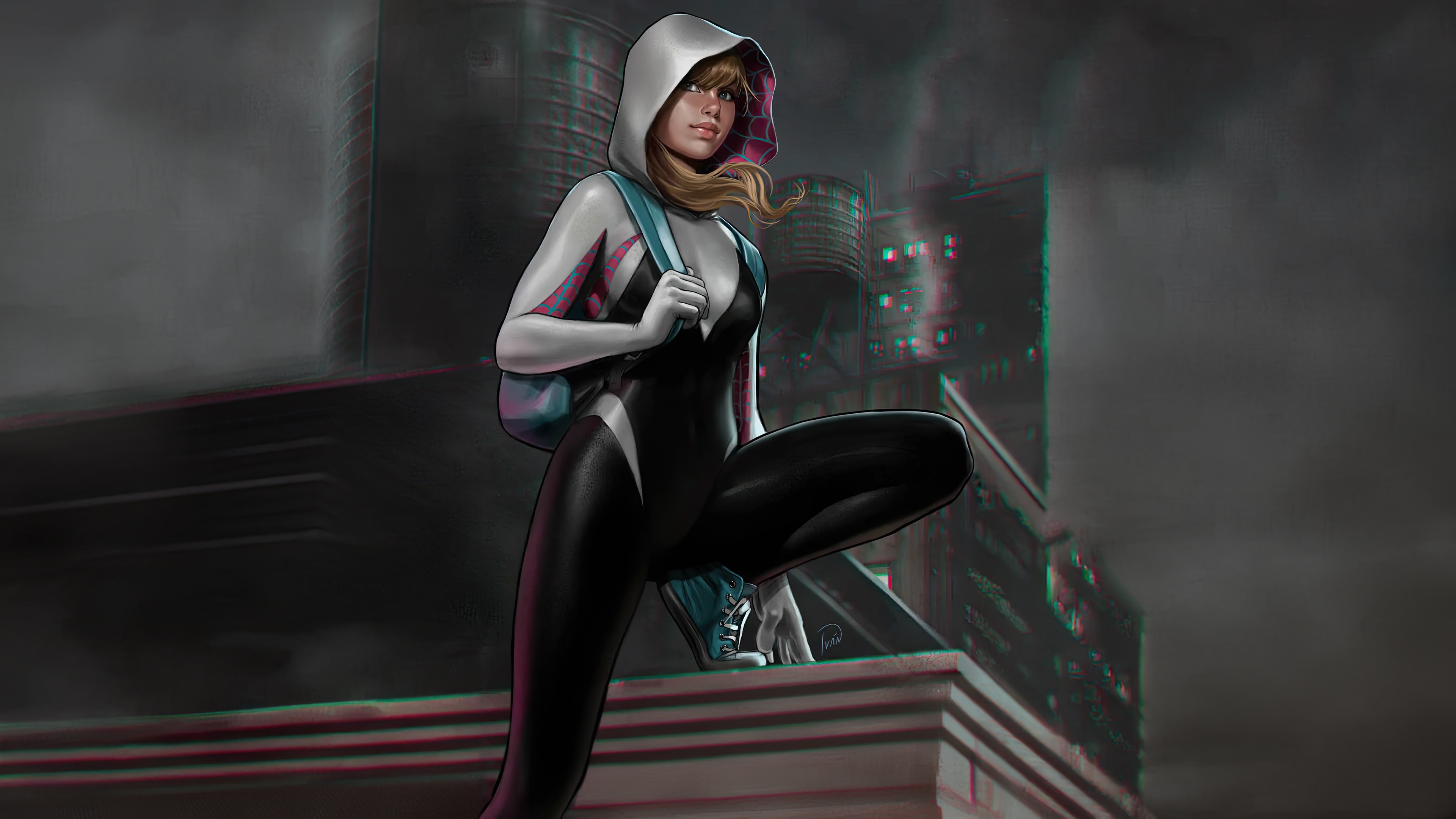 Gwen Stacy in Spider-Gwen Suit on Rooftop HD Wallpaper
