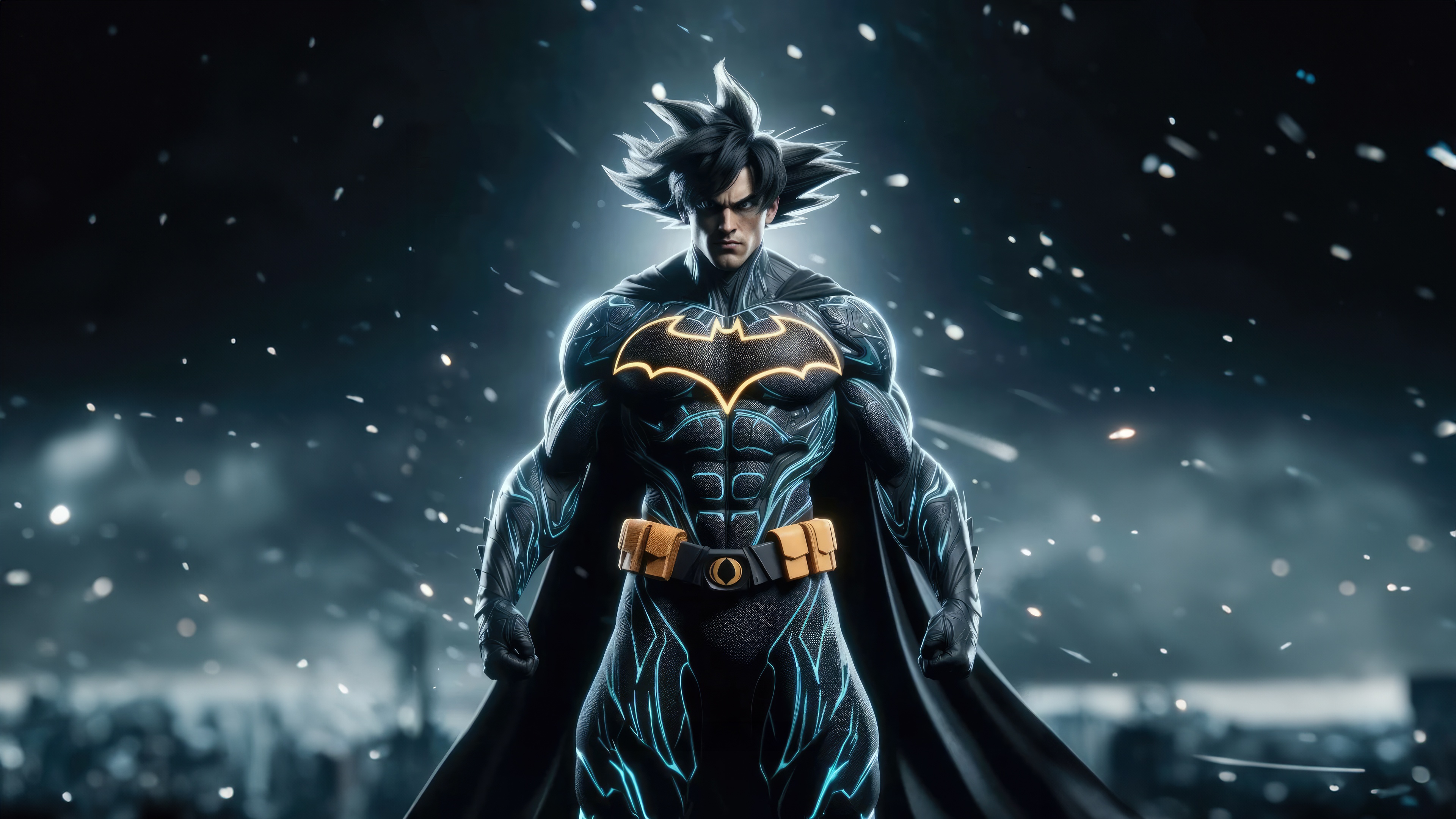 Goku as Batman in a dark, snowy city HD Wallpaper
