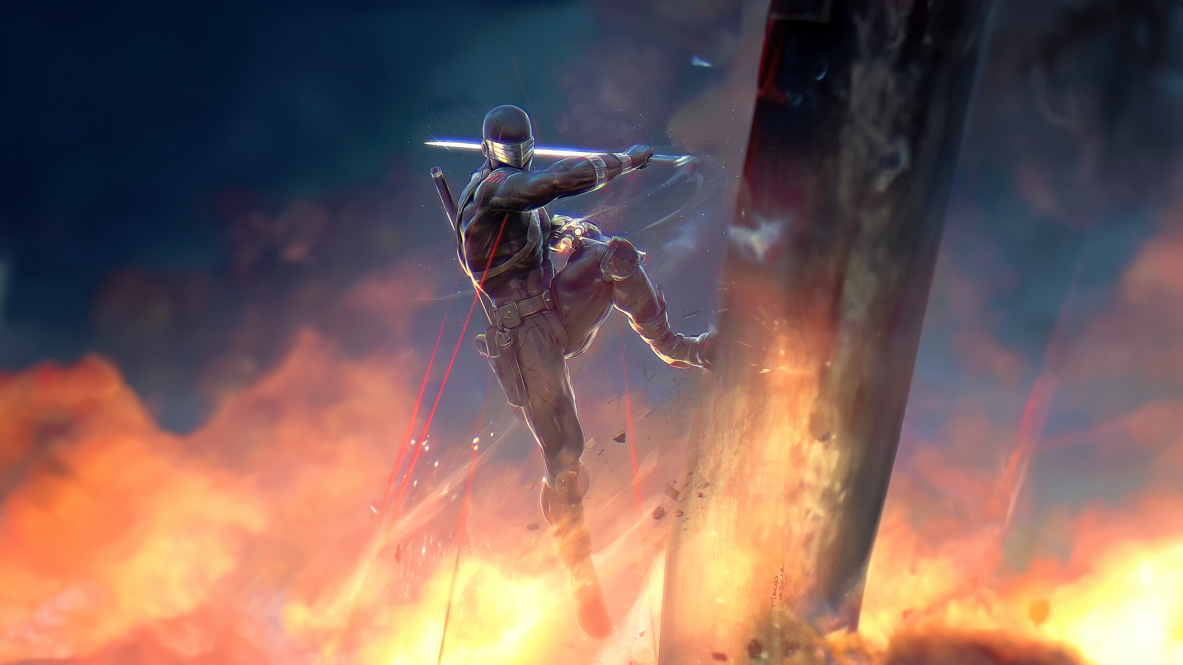 Snake Eyes climbing a burning structure HD Wallpaper