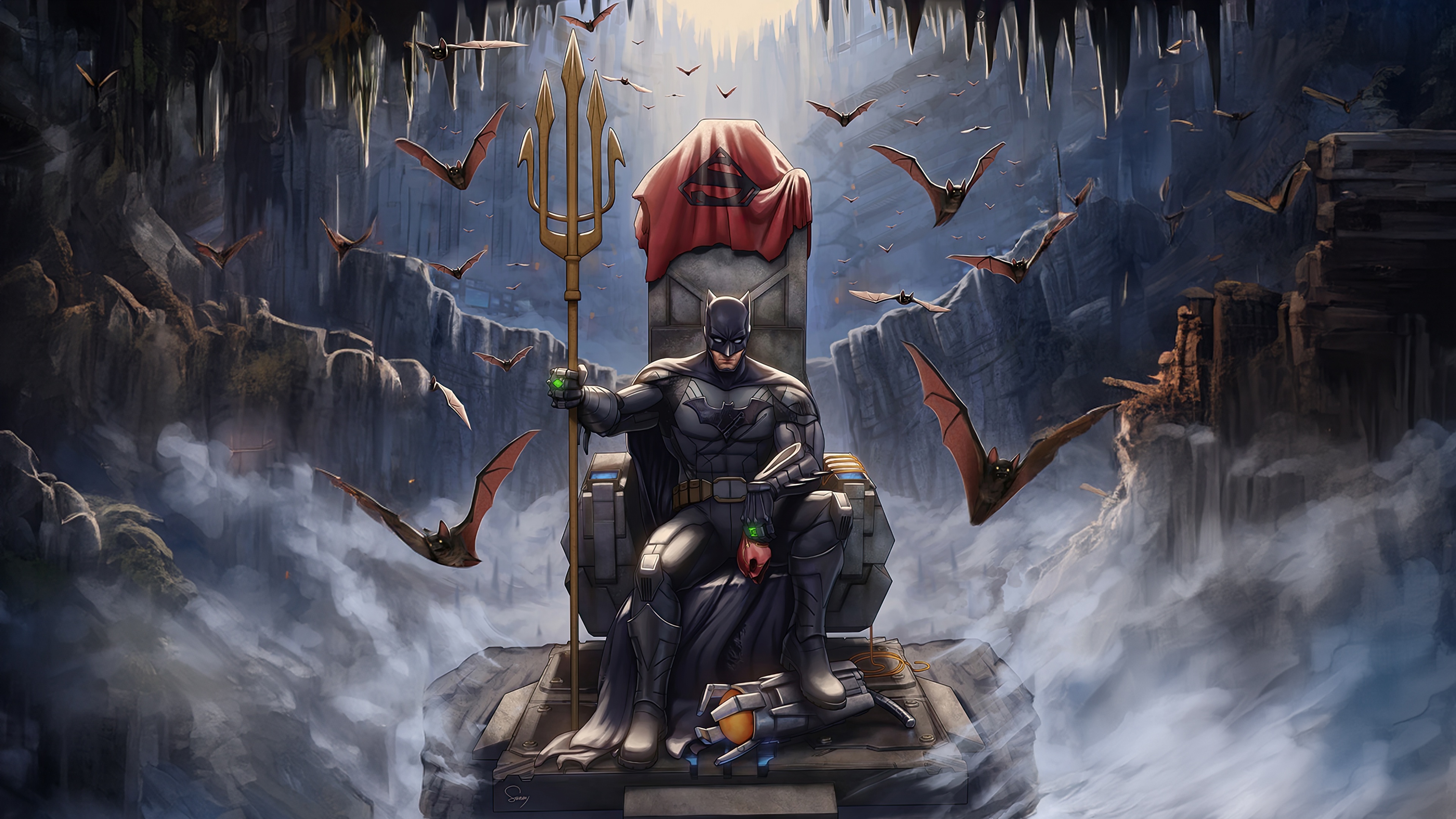 Batman sits on a throne in a cave with bats HD Wallpaper