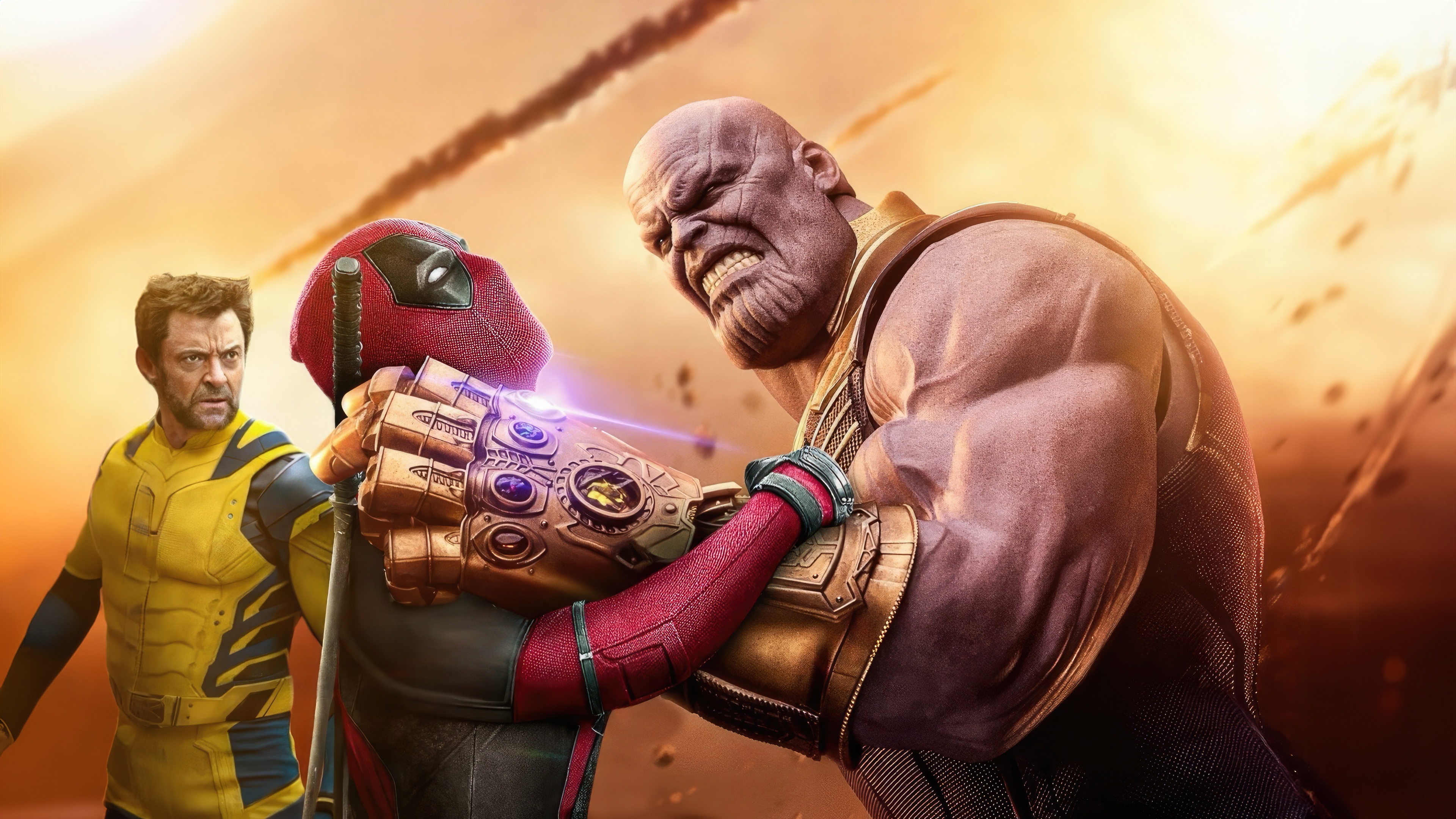 Deadpool and Wolverine confront Thanos with Infinity Gauntlet HD Wallpaper