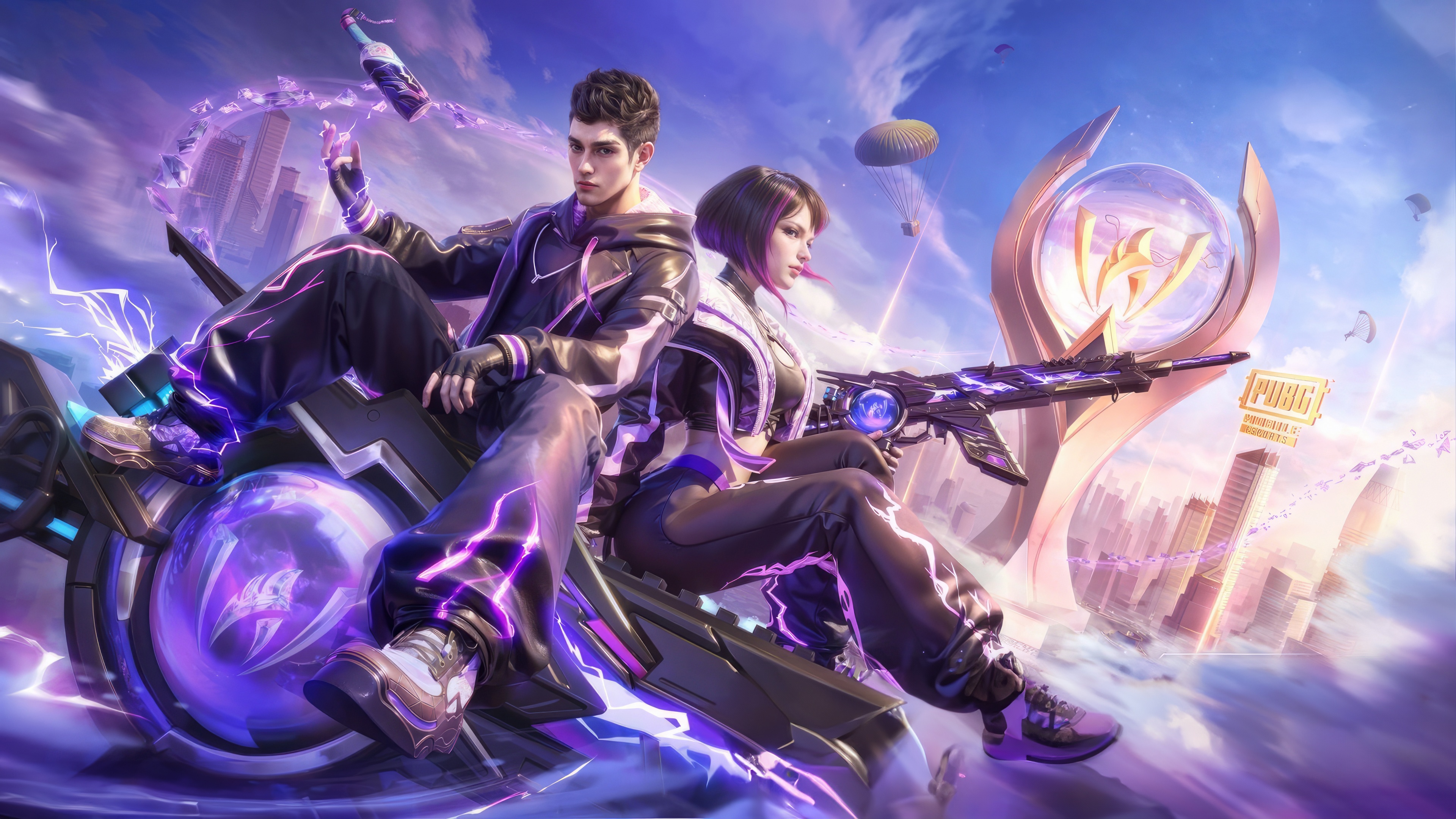PUBG Mobile Violet Thunder Characters on Motorcycle HD Wallpaper