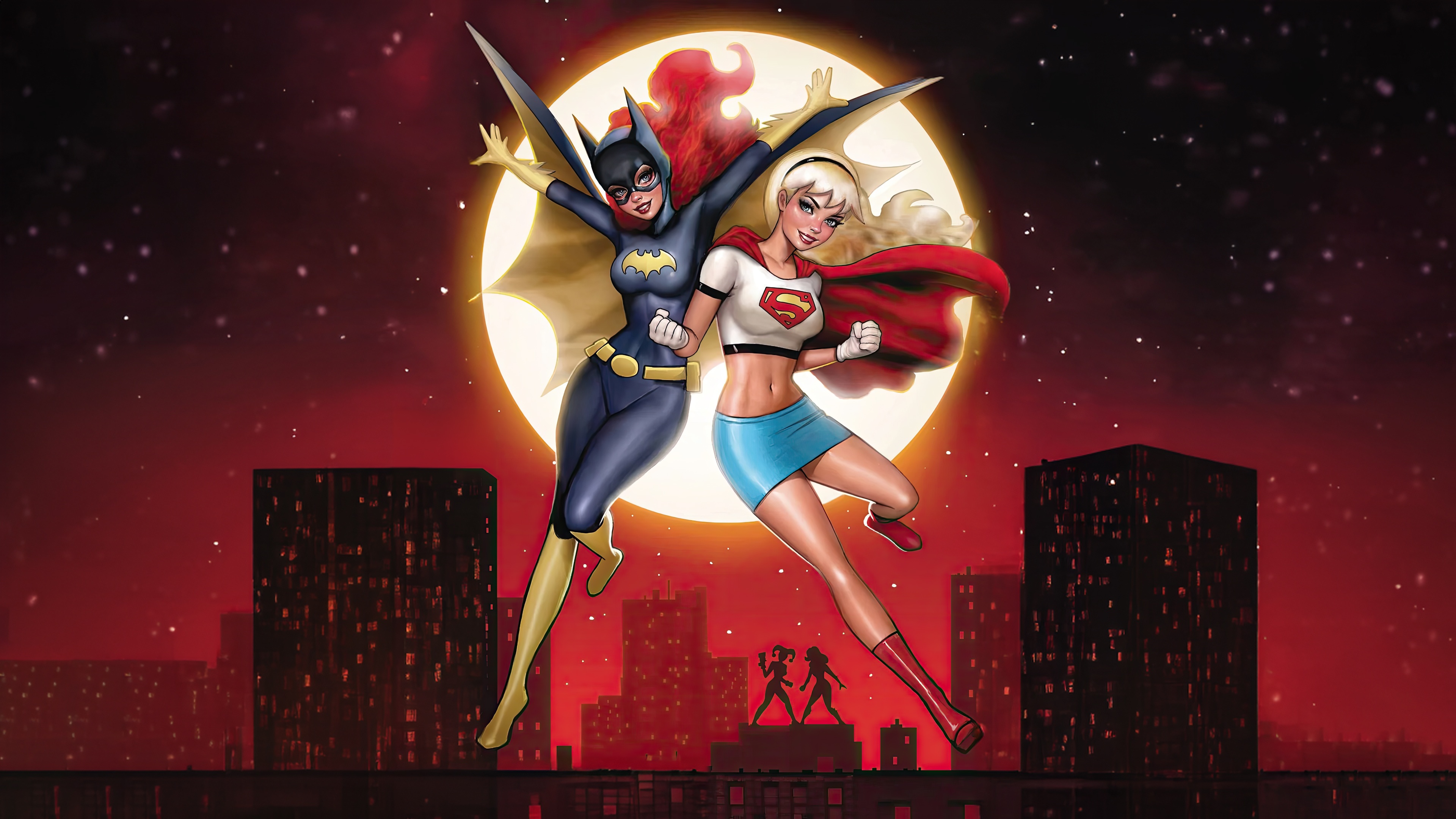 Batgirl and Supergirl against a full moon HD Wallpaper