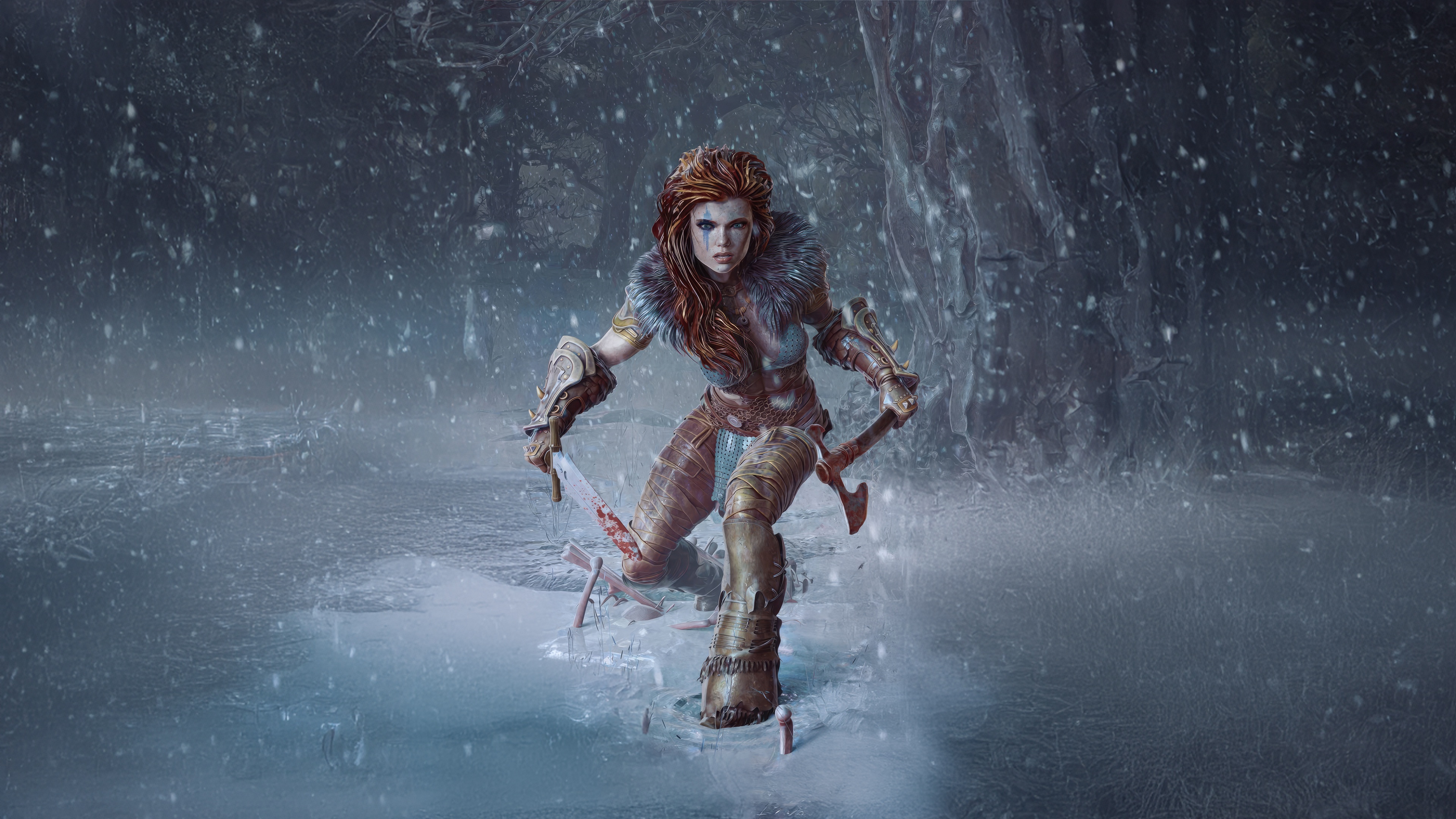 Red Sonja in a Snowy Forest HD Wallpaper
