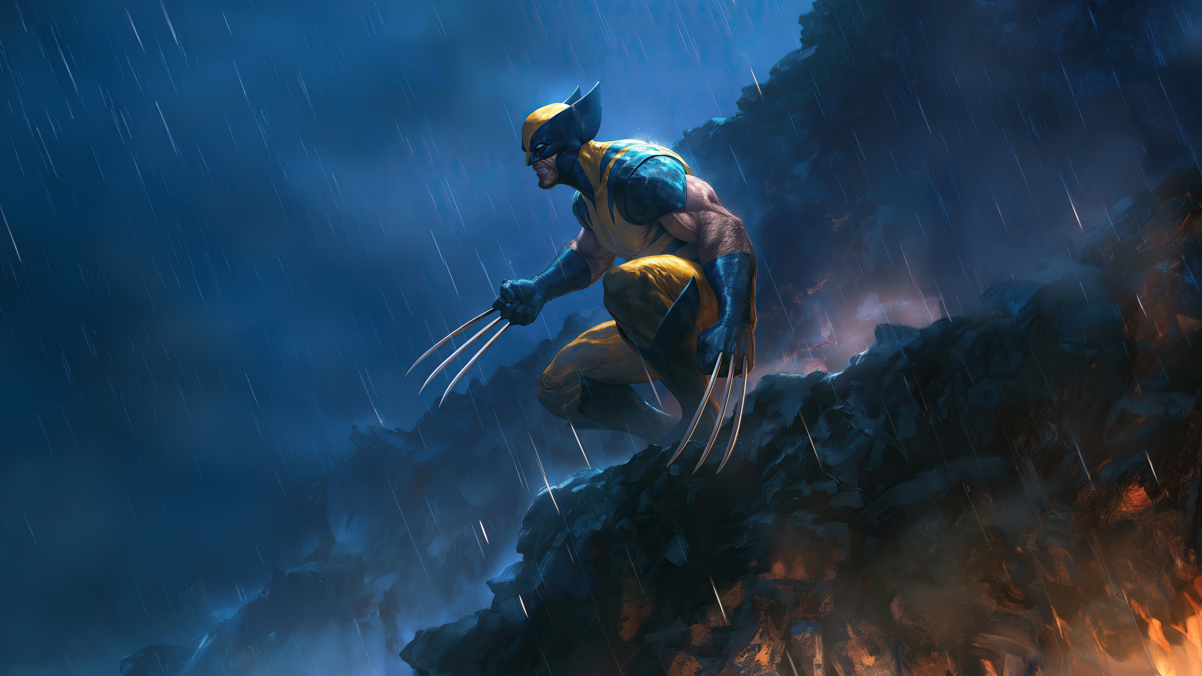 Wolverine Crouching on Rocks in the Rain HD Wallpaper