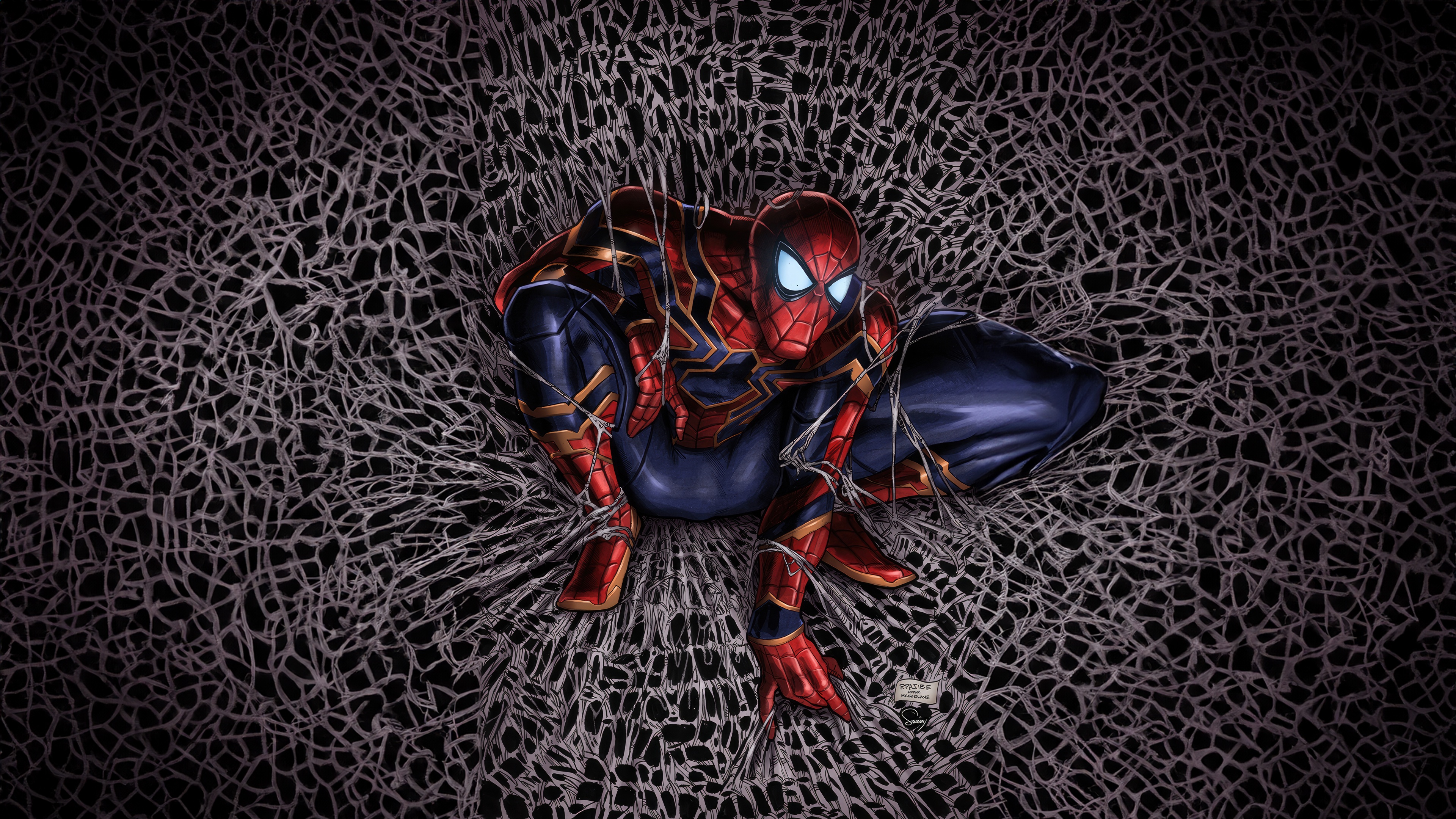 Spider-Man in Iron Spider Suit Breaking Through Web HD Wallpaper