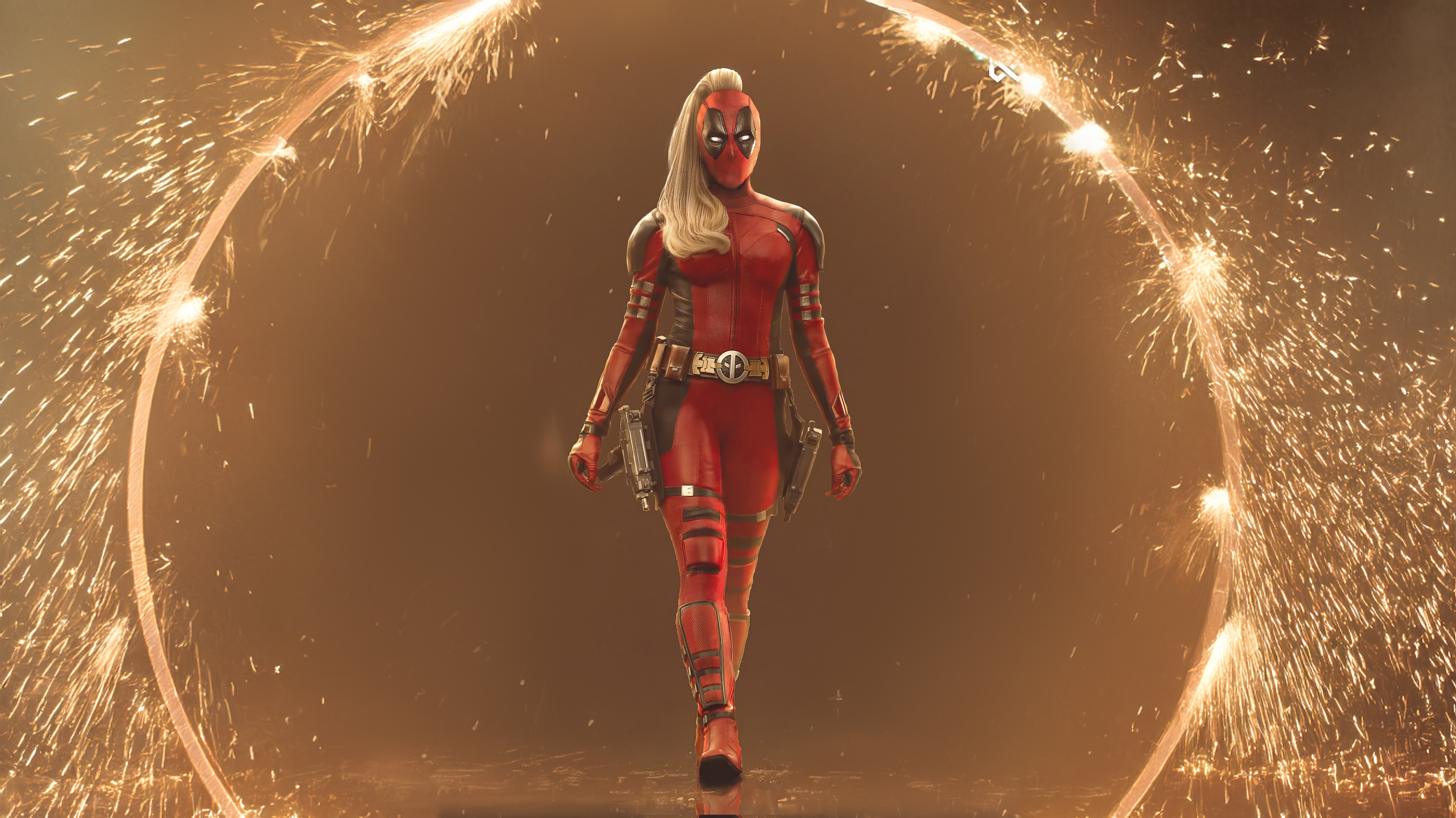 Lady Deadpool walks through a ring of sparks HD Wallpaper