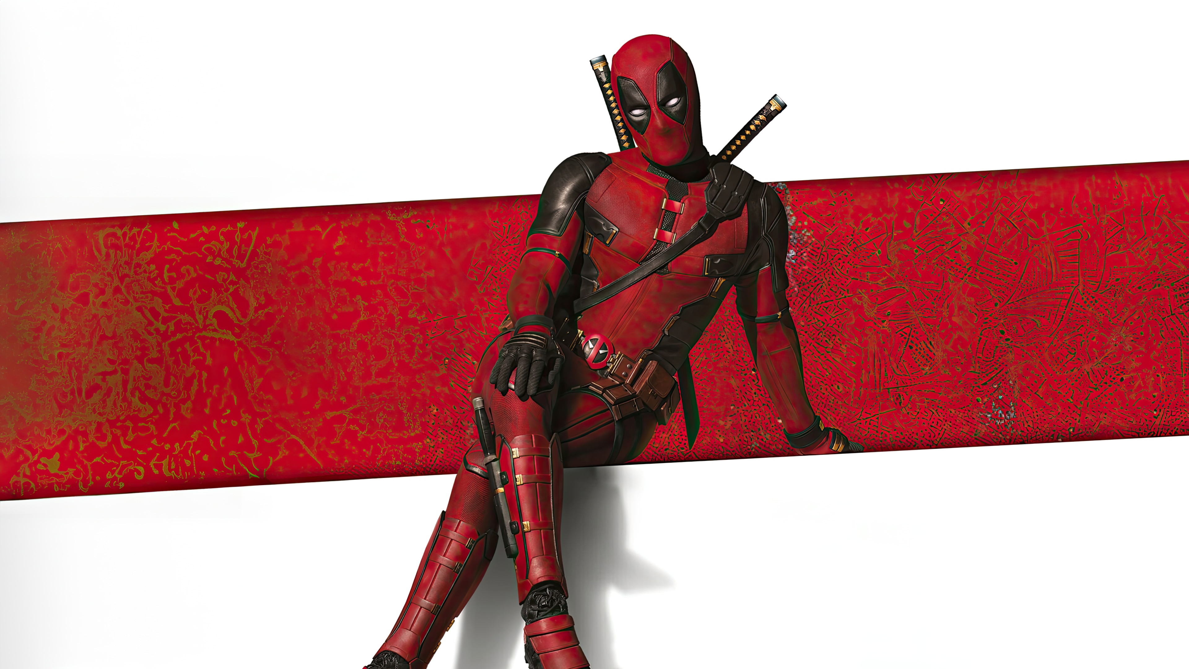 Deadpool sitting on a red and white background HD Wallpaper