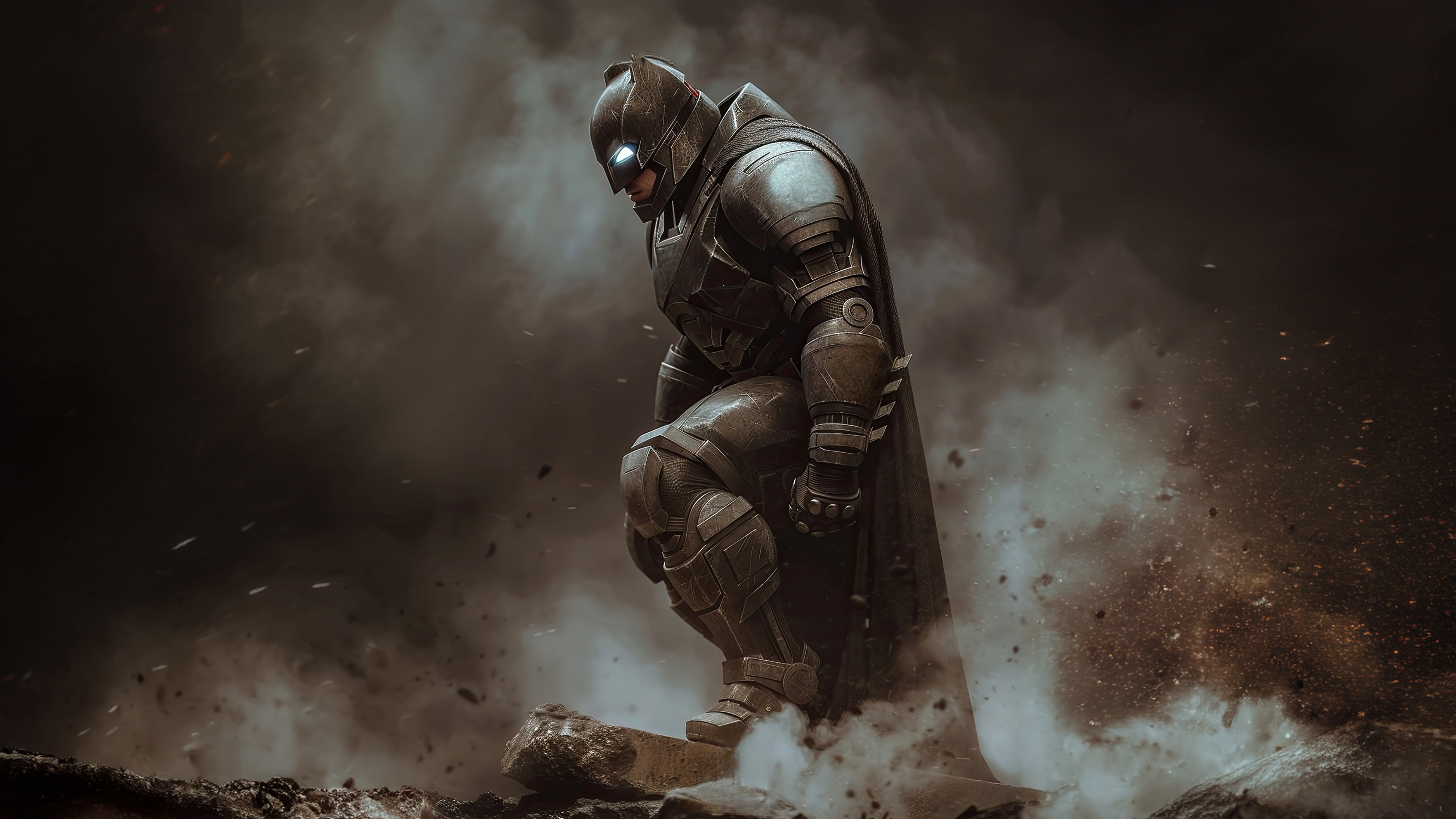 Batman in Armored Suit Amidst Smoke and Debris HD Wallpaper